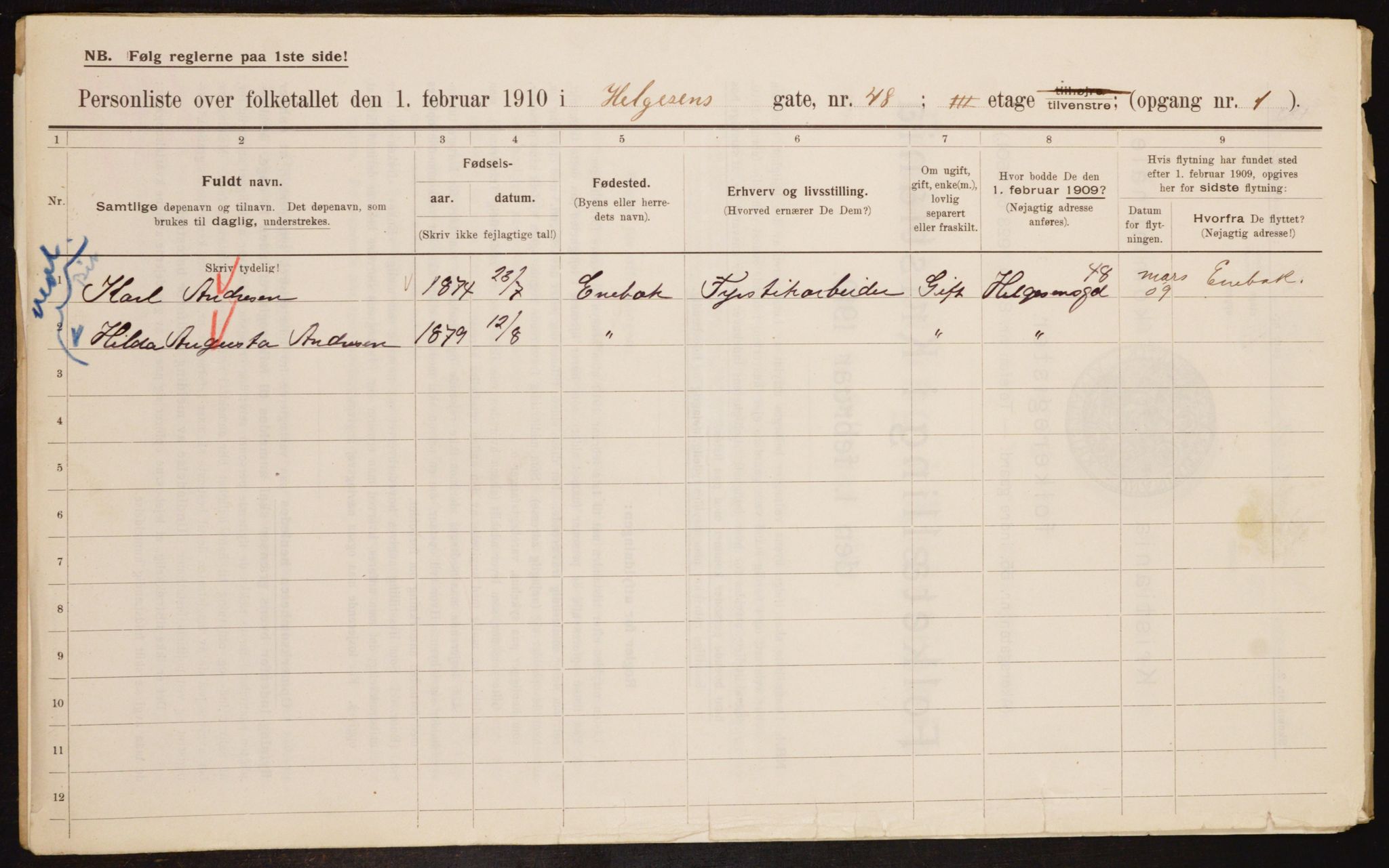 OBA, Municipal Census 1910 for Kristiania, 1910, p. 37578