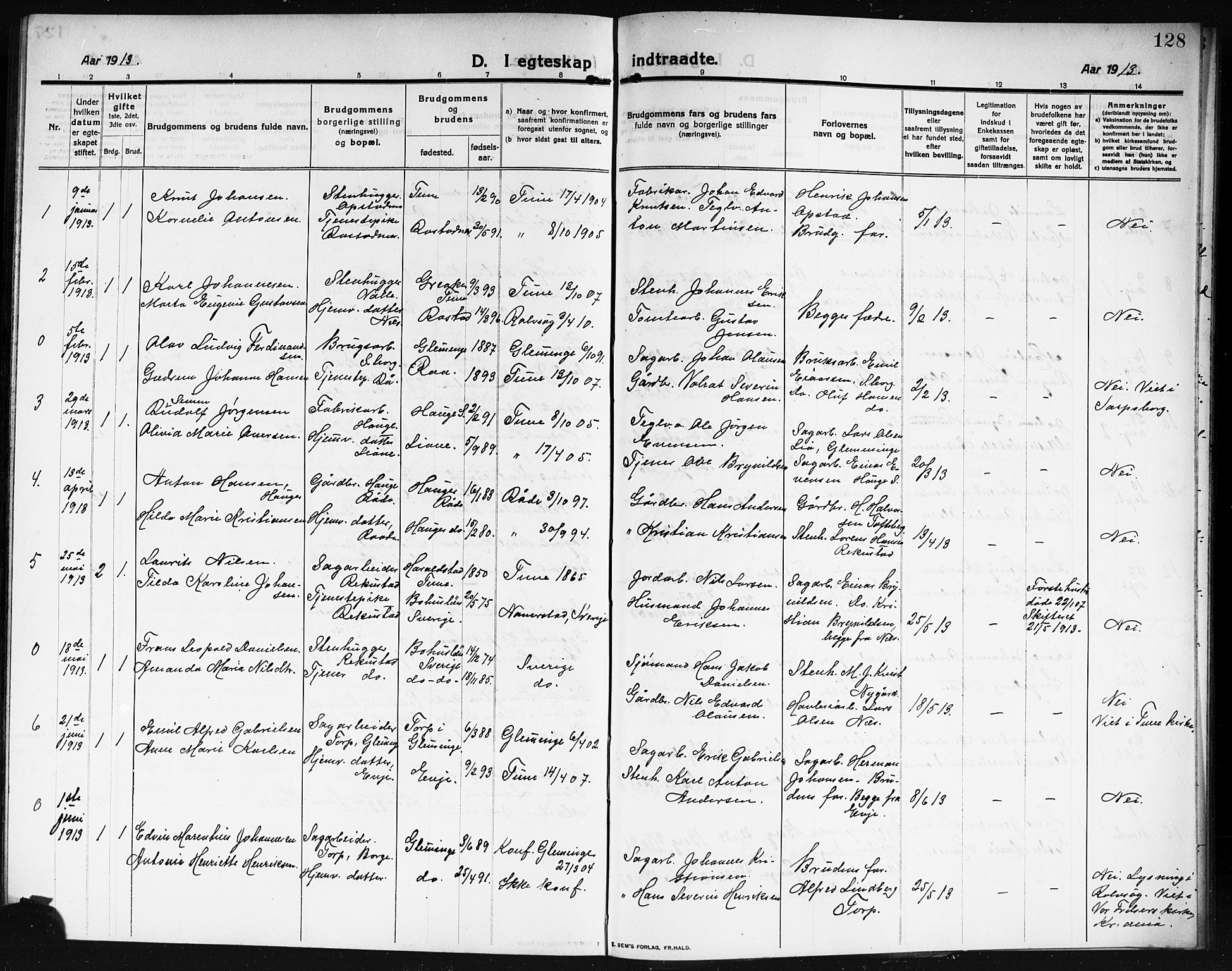 Rolvsøy prestekontor Kirkebøker, AV/SAO-A-2004/G/Ga/L0001: Parish register (copy) no. 1, 1911-1920, p. 128