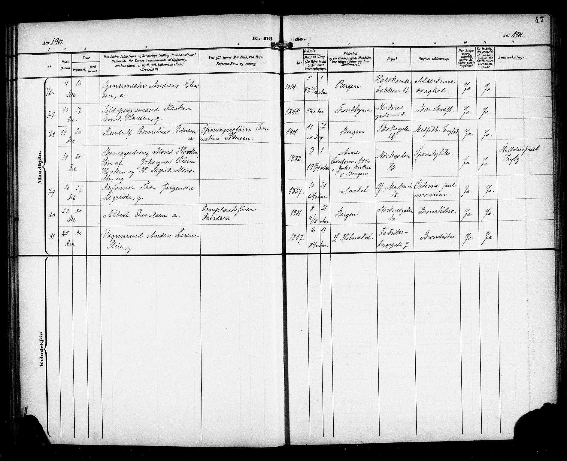 Nykirken Sokneprestembete, AV/SAB-A-77101/H/Haa/L0045: Parish register (official) no. E 5, 1899-1917, p. 47