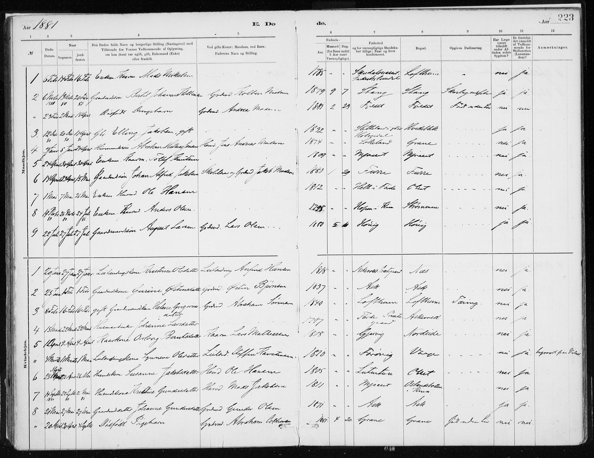 Askvoll sokneprestembete, SAB/A-79501/H/Haa/Haab/L0002: Parish register (official) no. B 2, 1879-1909, p. 223