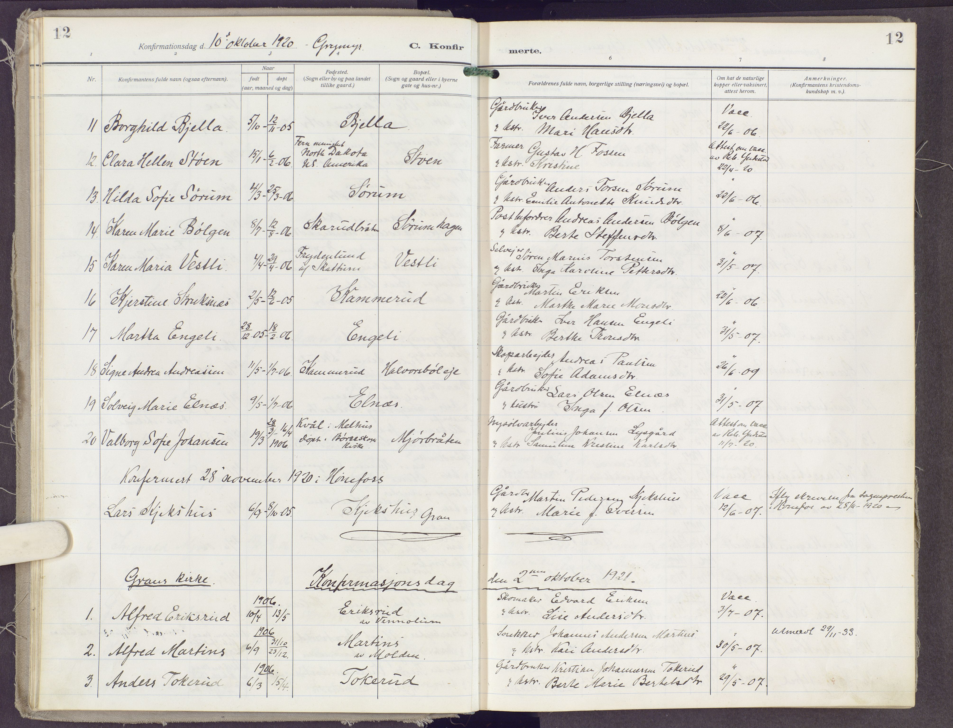 Gran prestekontor, SAH/PREST-112/H/Ha/Haa/L0023: Parish register (official) no. 23, 1919-1938, p. 12