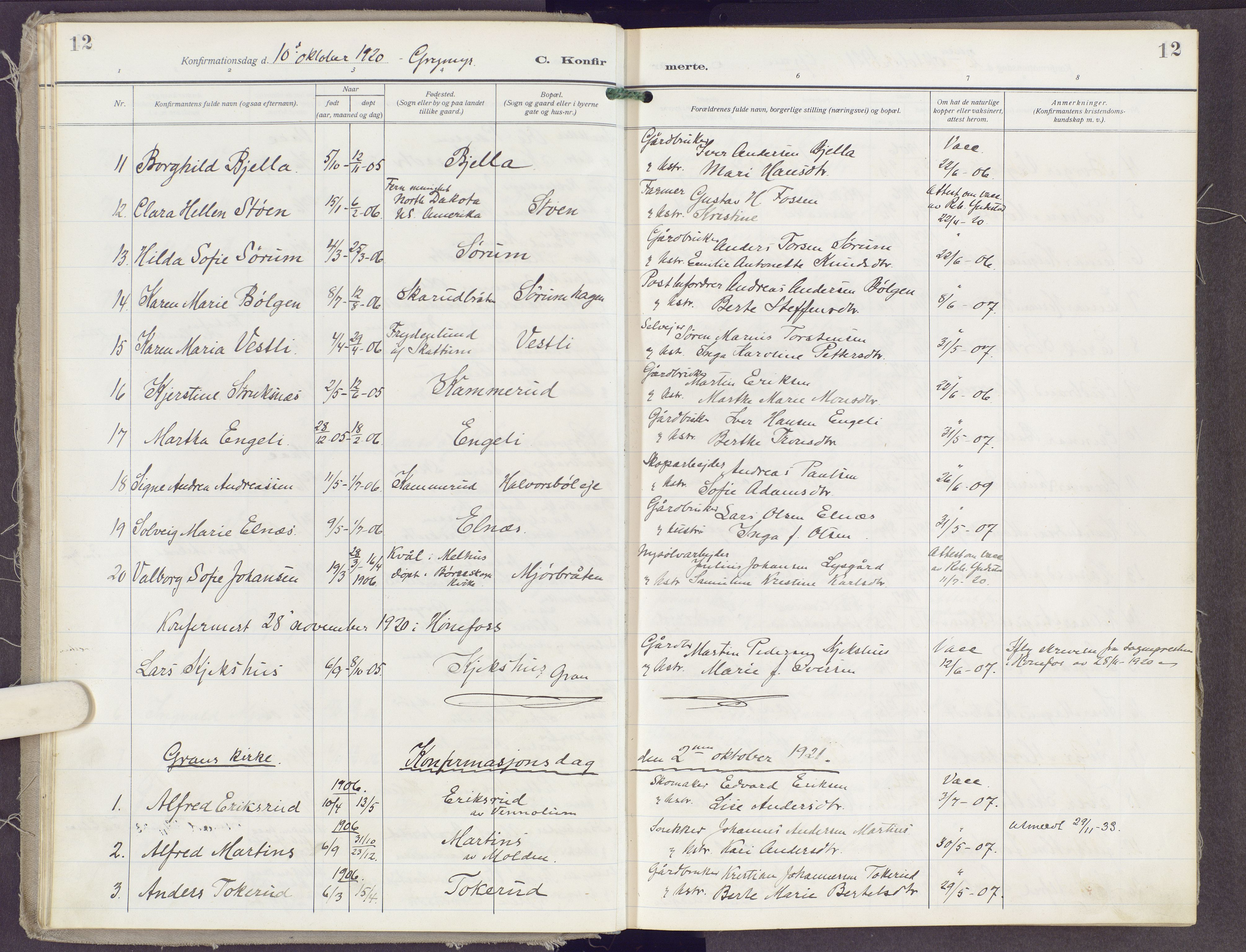 Gran prestekontor, AV/SAH-PREST-112/H/Ha/Haa/L0023: Parish register (official) no. 23, 1919-1938, p. 12