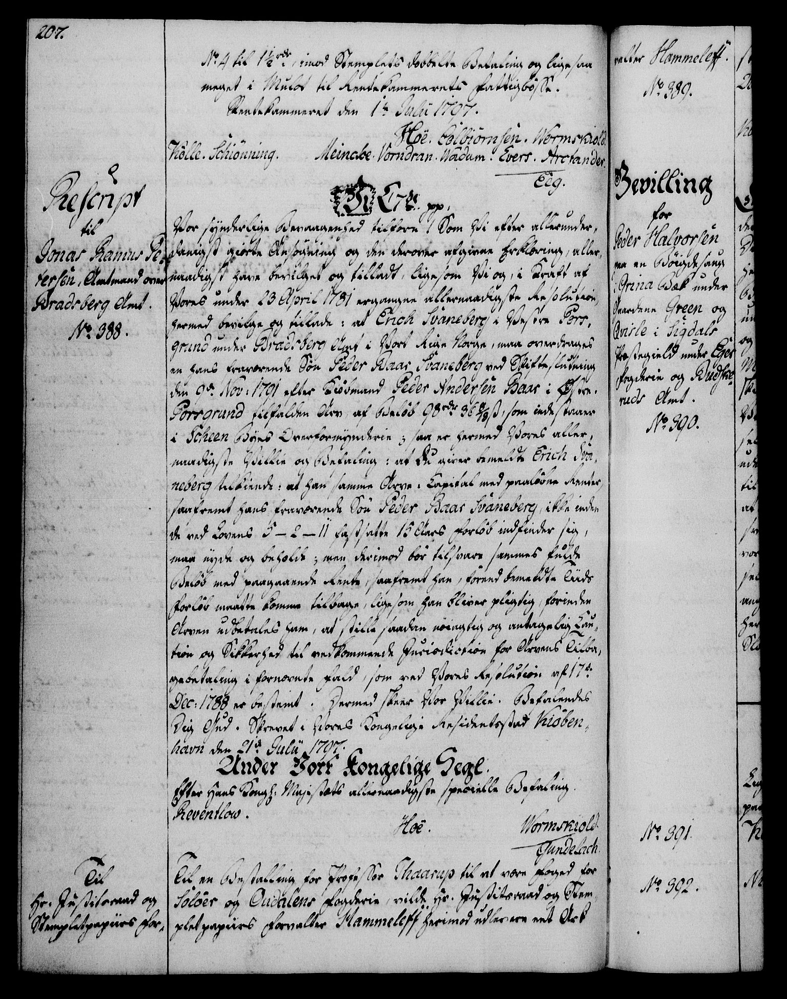 Rentekammeret, Kammerkanselliet, RA/EA-3111/G/Gg/Gga/L0016: Norsk ekspedisjonsprotokoll med register (merket RK 53.16), 1794-1800, p. 207