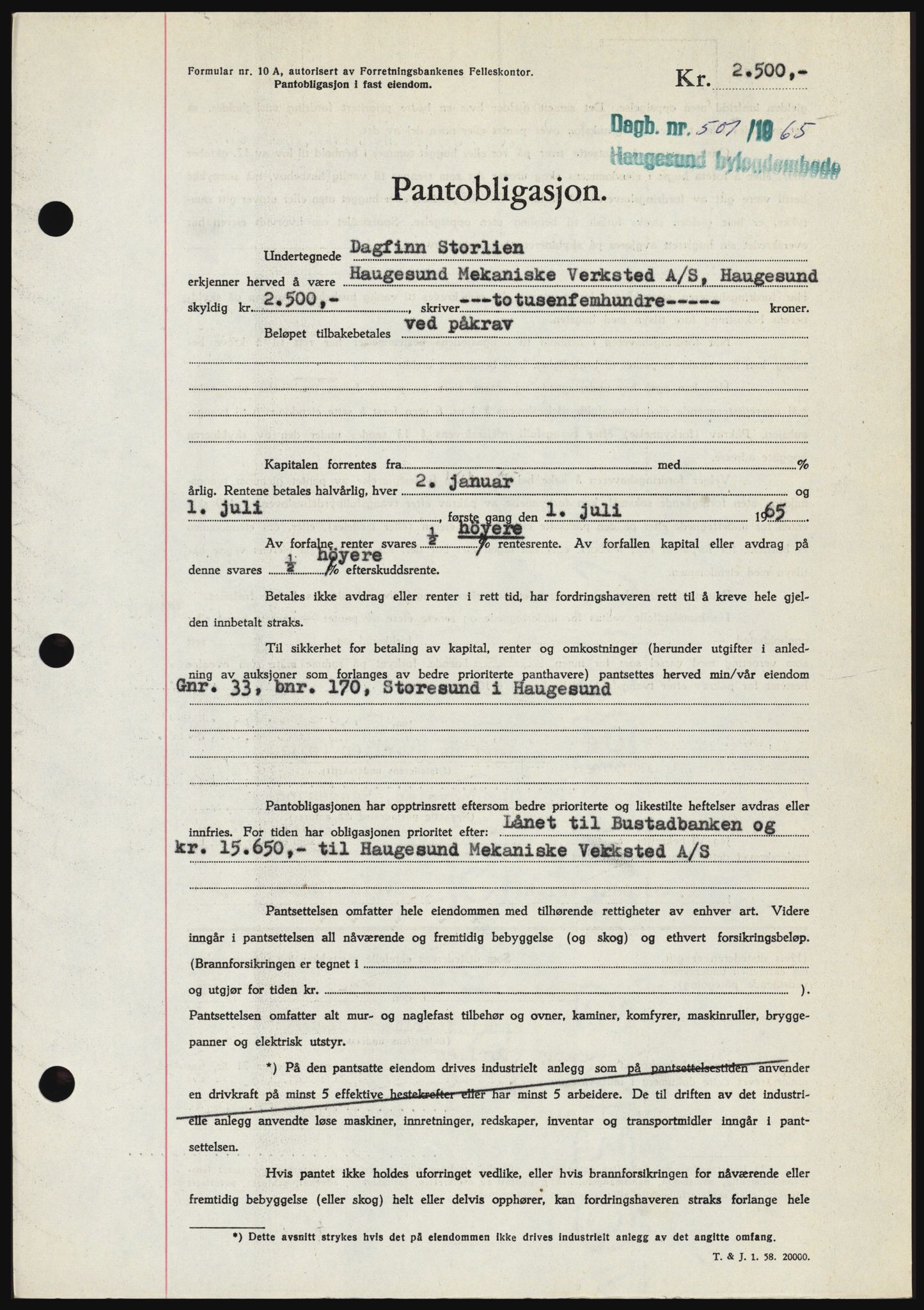 Haugesund tingrett, SAST/A-101415/01/II/IIC/L0053: Mortgage book no. B 53, 1965-1965, Diary no: : 501/1965