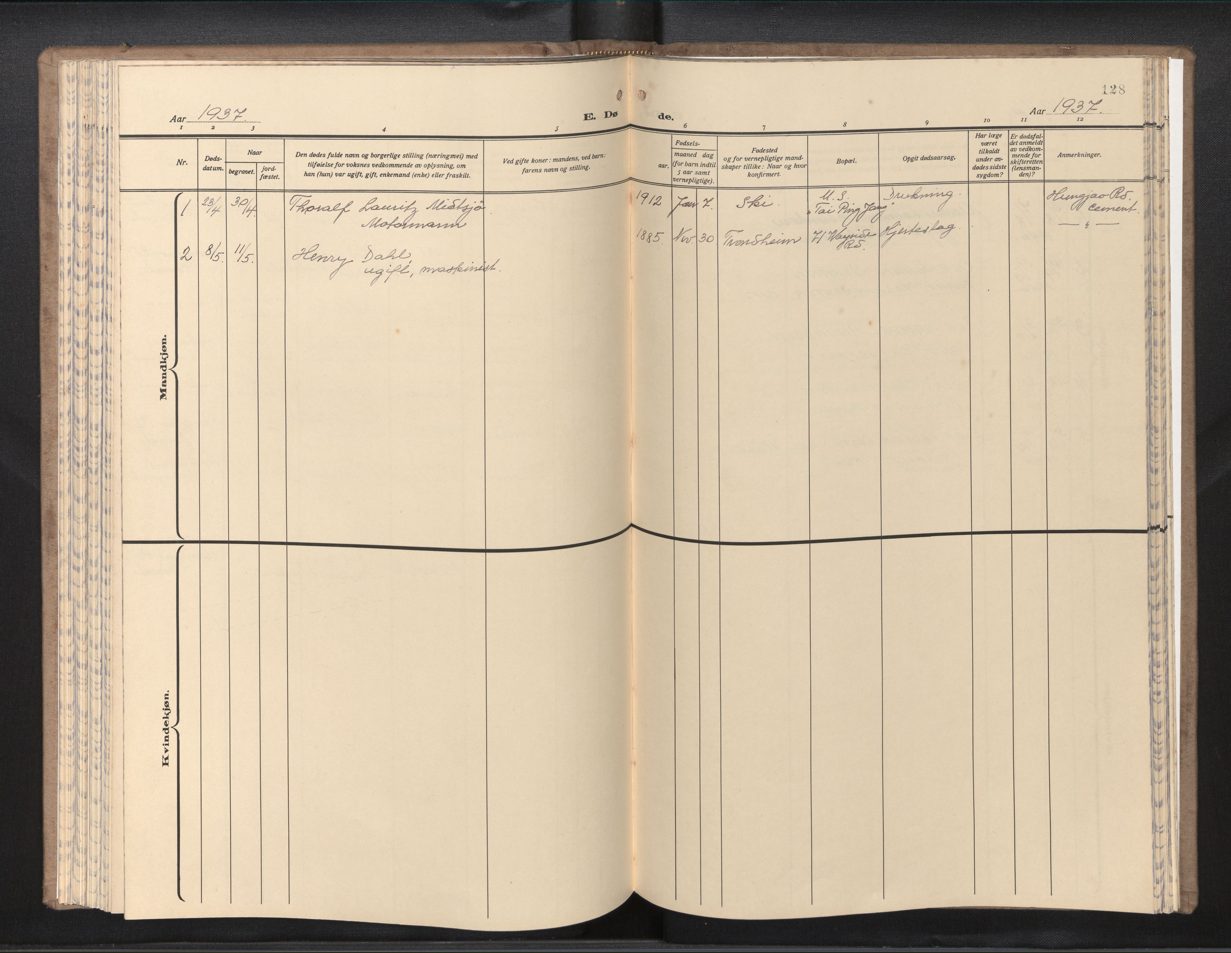  Den norske sjømannsmisjon i utlandet/Kinesiske havner (Shanghai-Hong Kong), SAB/SAB/PA-0120/H/Ha/Hab/L0001: Parish register (official) no. A 1, 1933-1947, p. 127b-128a