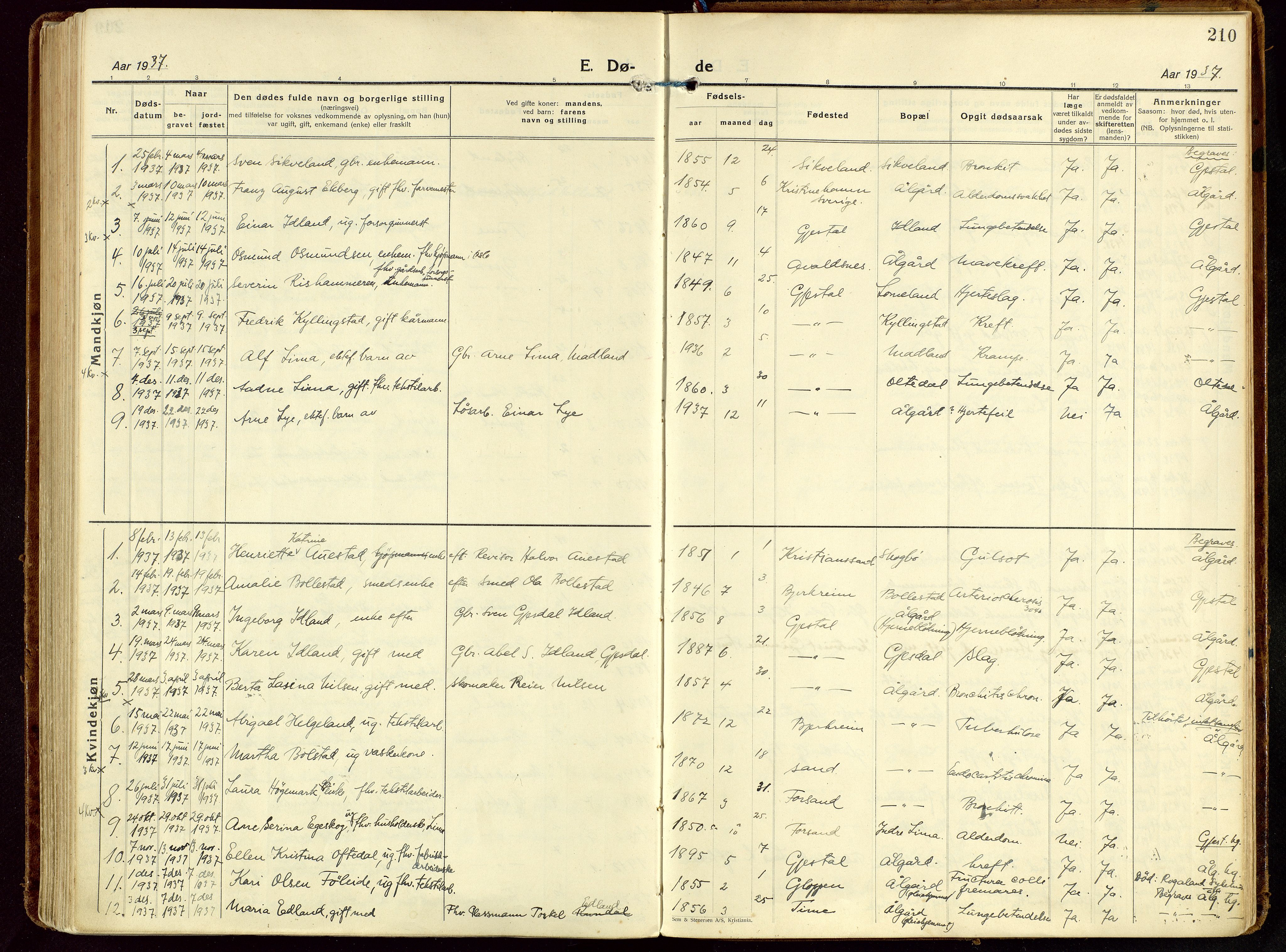 Gjesdal sokneprestkontor, SAST/A-101796/003/O/L0001: Parish register (official) no. A 1, 1925-1949, p. 210