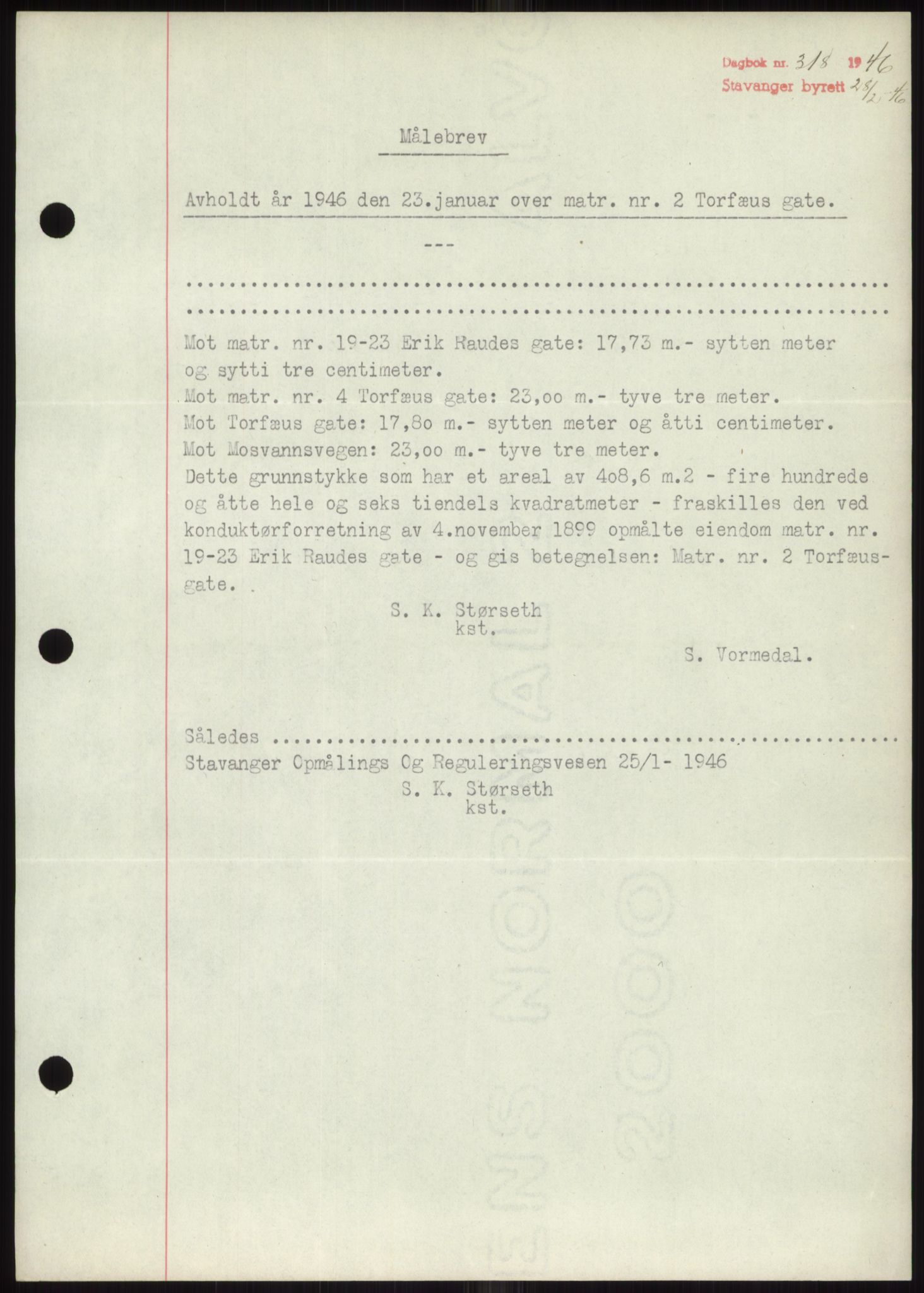 Stavanger byrett, SAST/A-100455/002/G/Gb/L0033: Mortgage book, 1936-1950, Diary no: : 318/1946