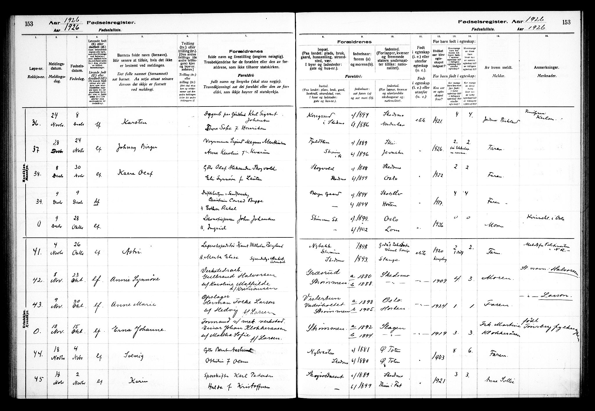 Skedsmo prestekontor Kirkebøker, SAO/A-10033a/J/Ja/L0001: Birth register no. I 1, 1916-1931, p. 153