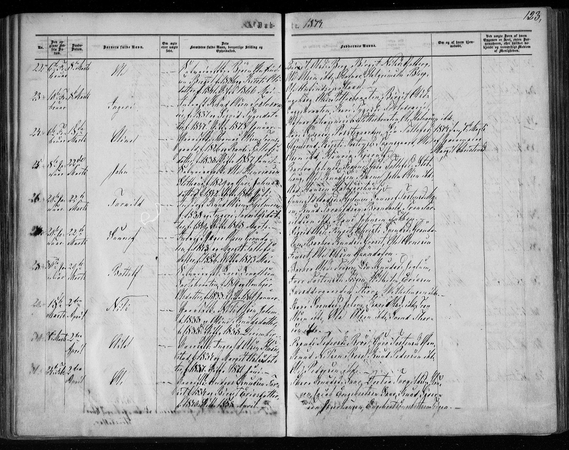 Gol kirkebøker, AV/SAKO-A-226/F/Fa/L0003: Parish register (official) no. I 3, 1863-1875, p. 123