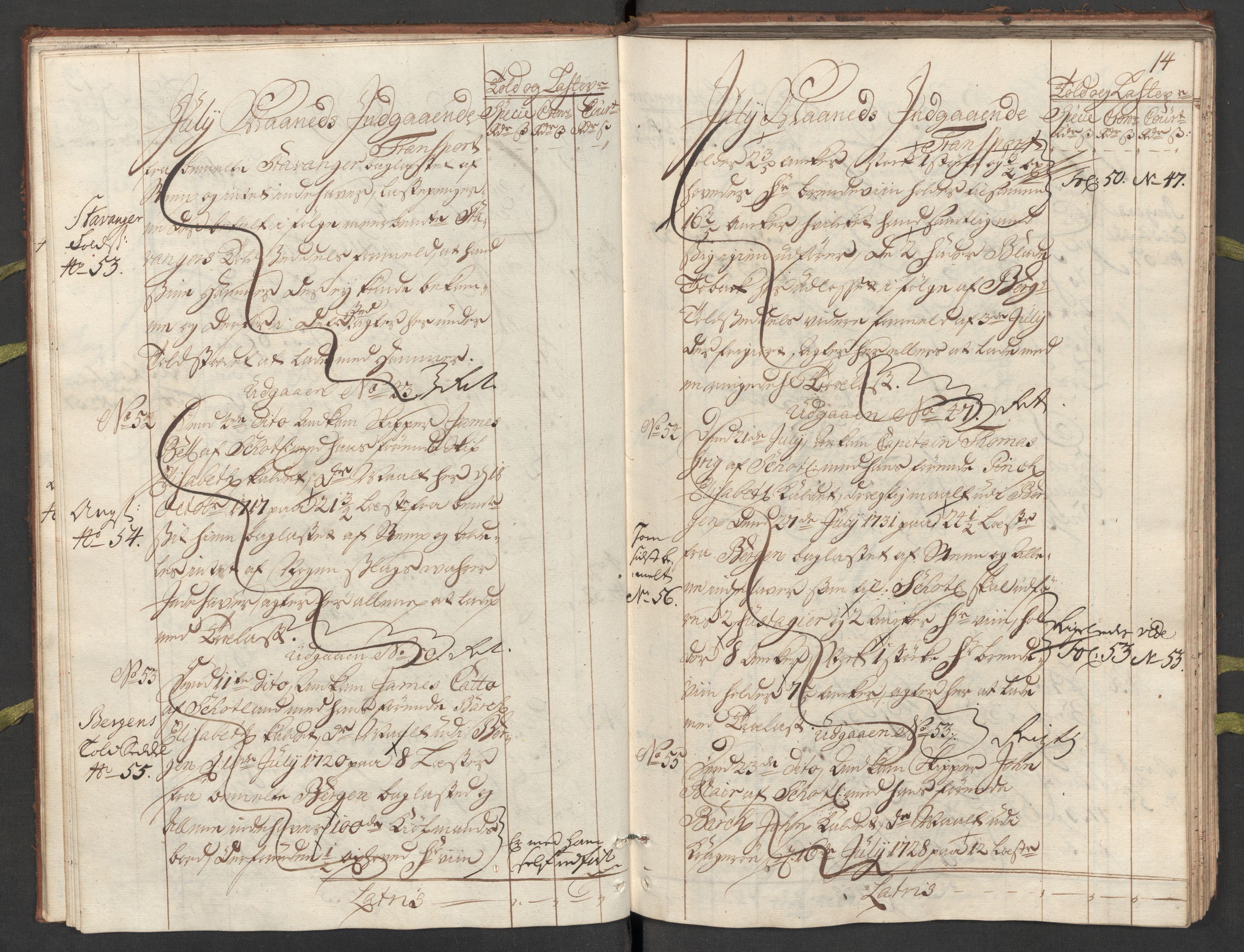 Generaltollkammeret, tollregnskaper, AV/RA-EA-5490/R24/L0009/0001: Tollregnskaper Sunnhordland / Hovedtollbok, 1733, p. 13b-14a