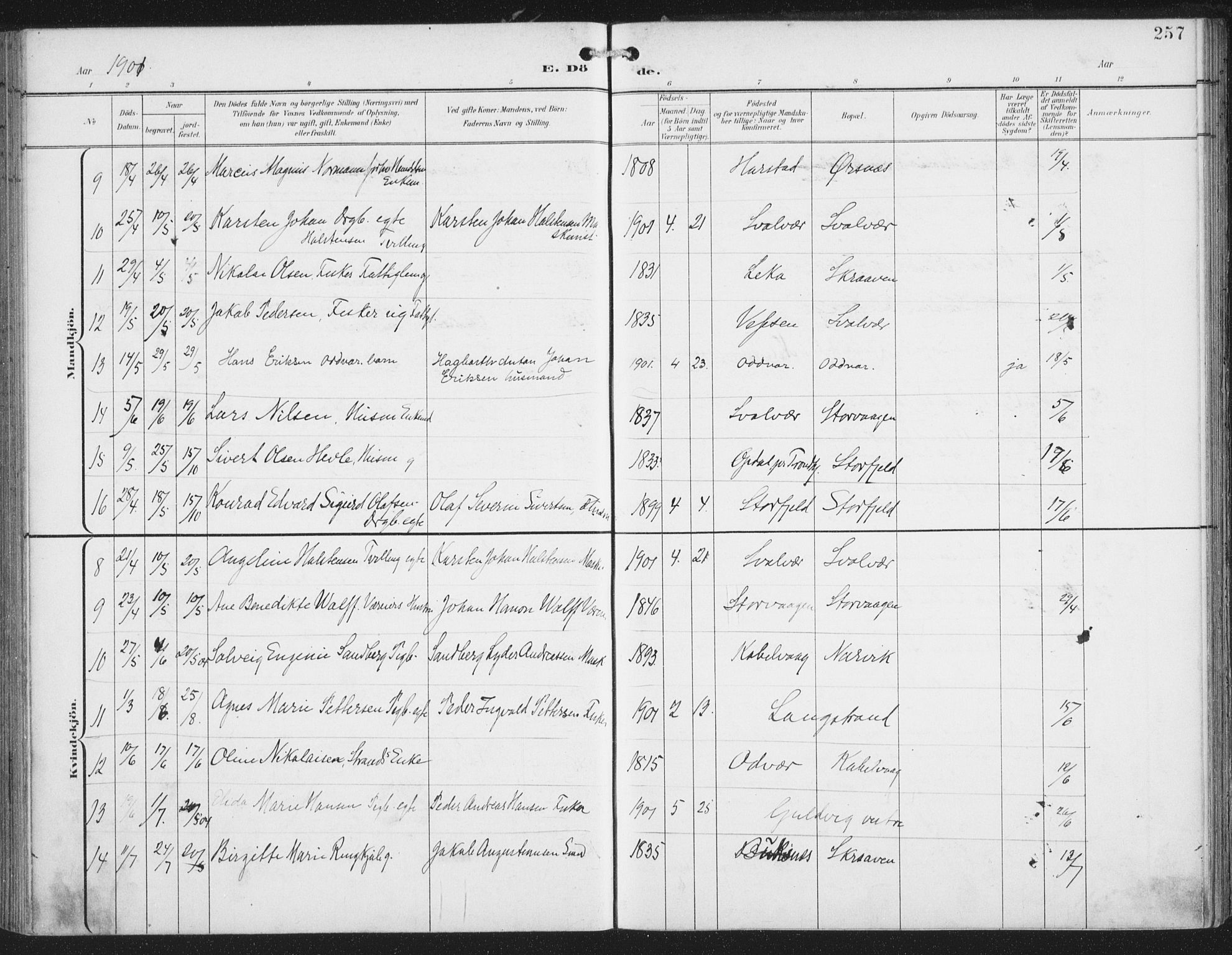 Ministerialprotokoller, klokkerbøker og fødselsregistre - Nordland, AV/SAT-A-1459/874/L1062: Parish register (official) no. 874A06, 1899-1907, p. 257