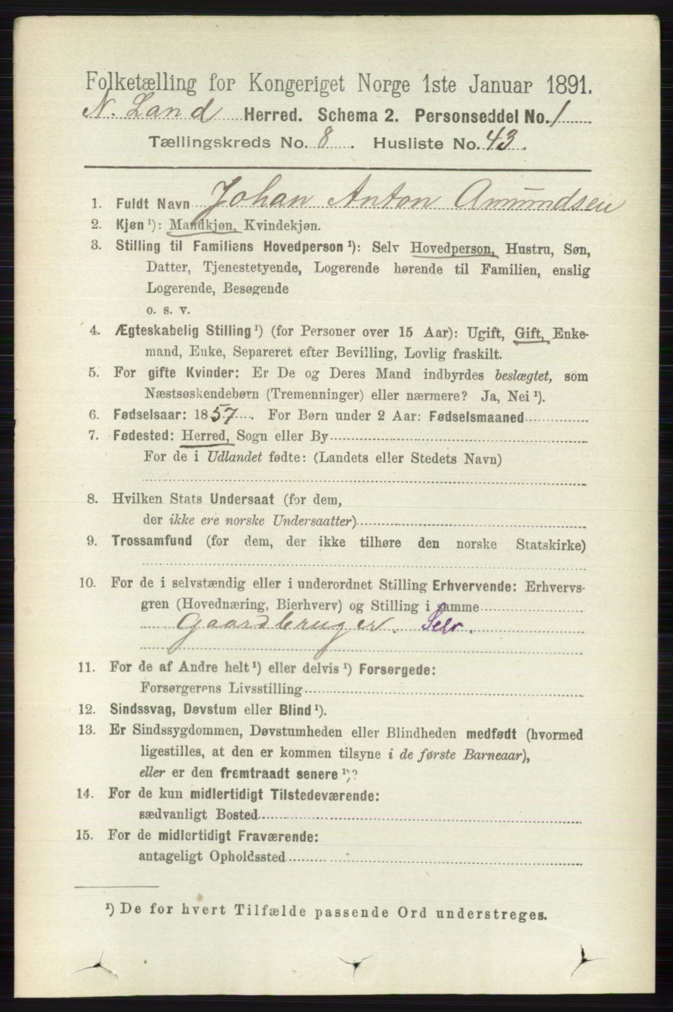 RA, 1891 census for 0538 Nordre Land, 1891, p. 2459