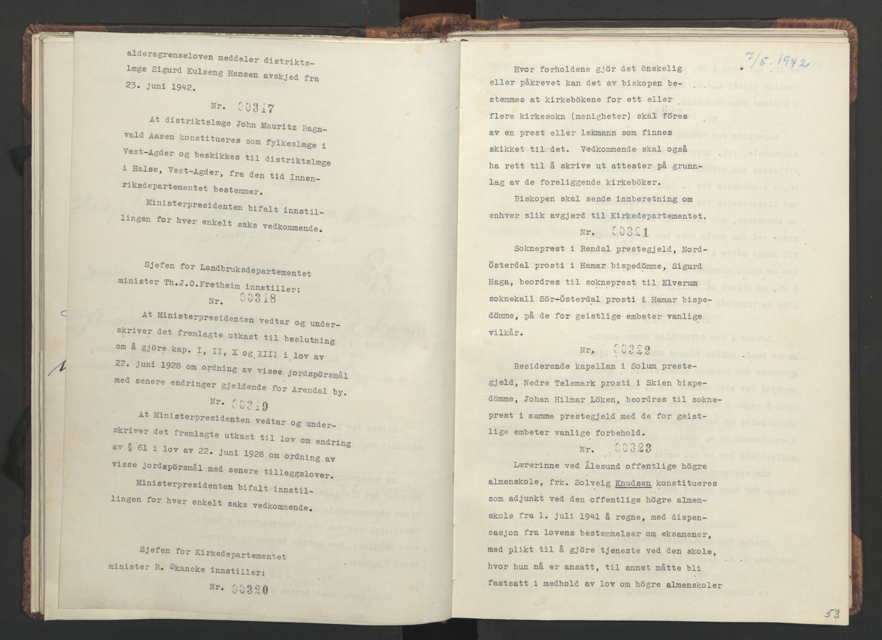 NS-administrasjonen 1940-1945 (Statsrådsekretariatet, de kommisariske statsråder mm), RA/S-4279/D/Da/L0001: Beslutninger og tillegg (1-952 og 1-32), 1942, p. 56