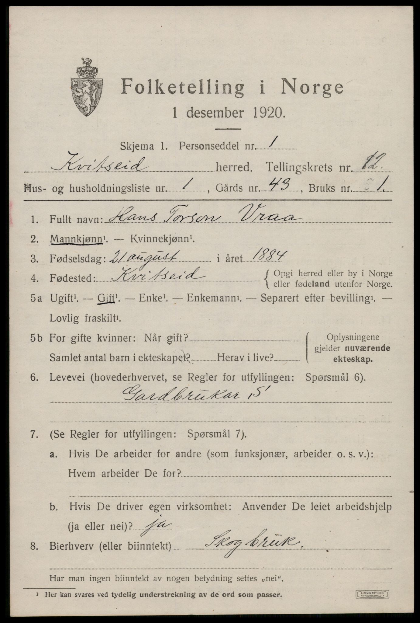 SAKO, 1920 census for Kviteseid, 1920, p. 5917