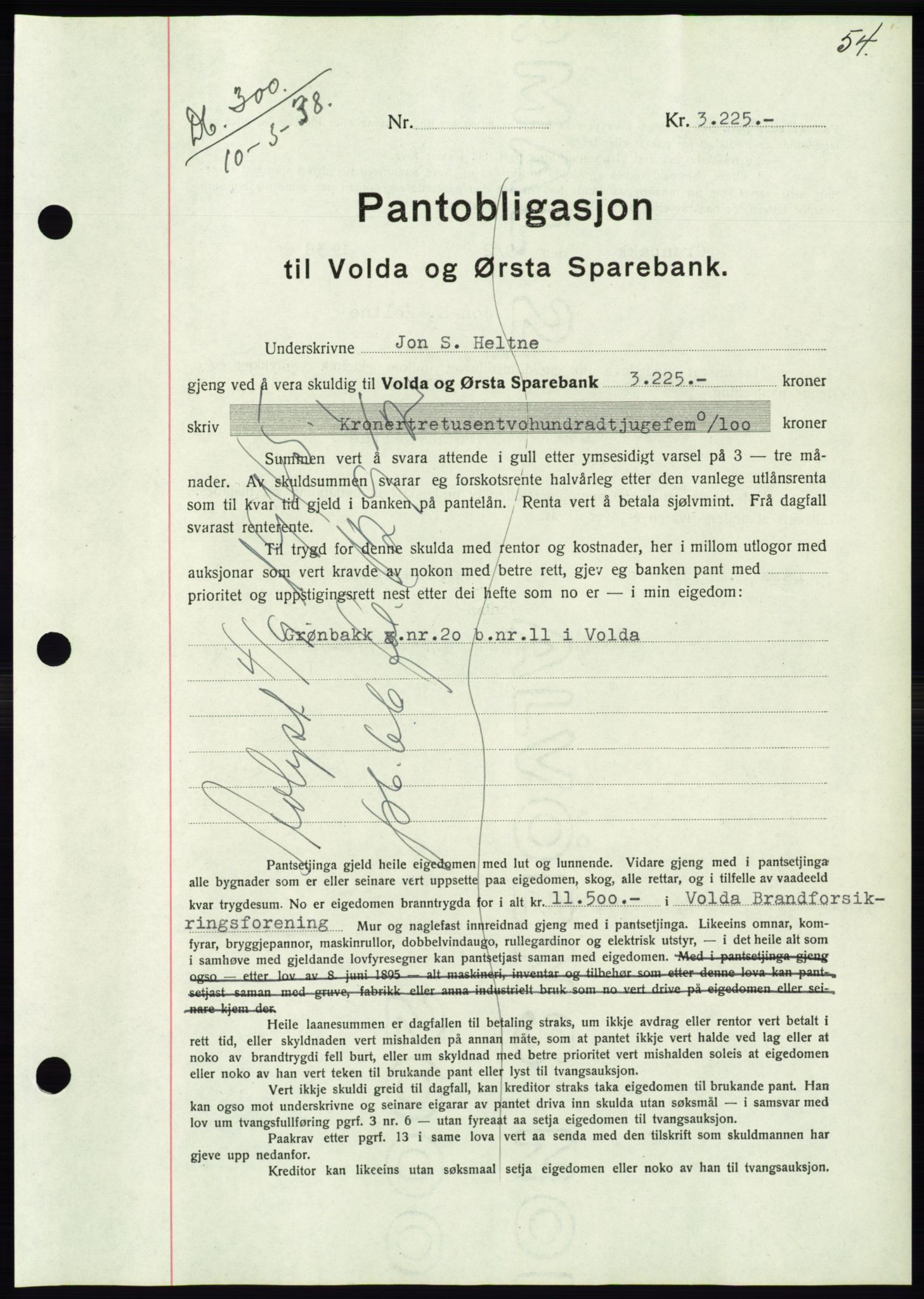 Søre Sunnmøre sorenskriveri, AV/SAT-A-4122/1/2/2C/L0065: Mortgage book no. 59, 1938-1938, Diary no: : 300/1938