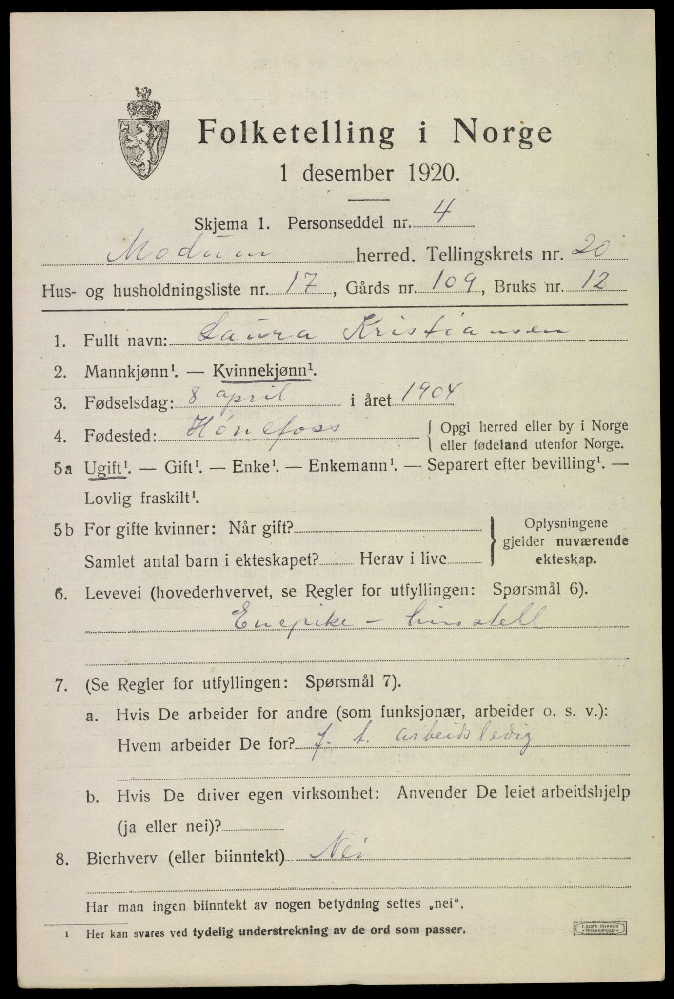 SAKO, 1920 census for Modum, 1920, p. 22251