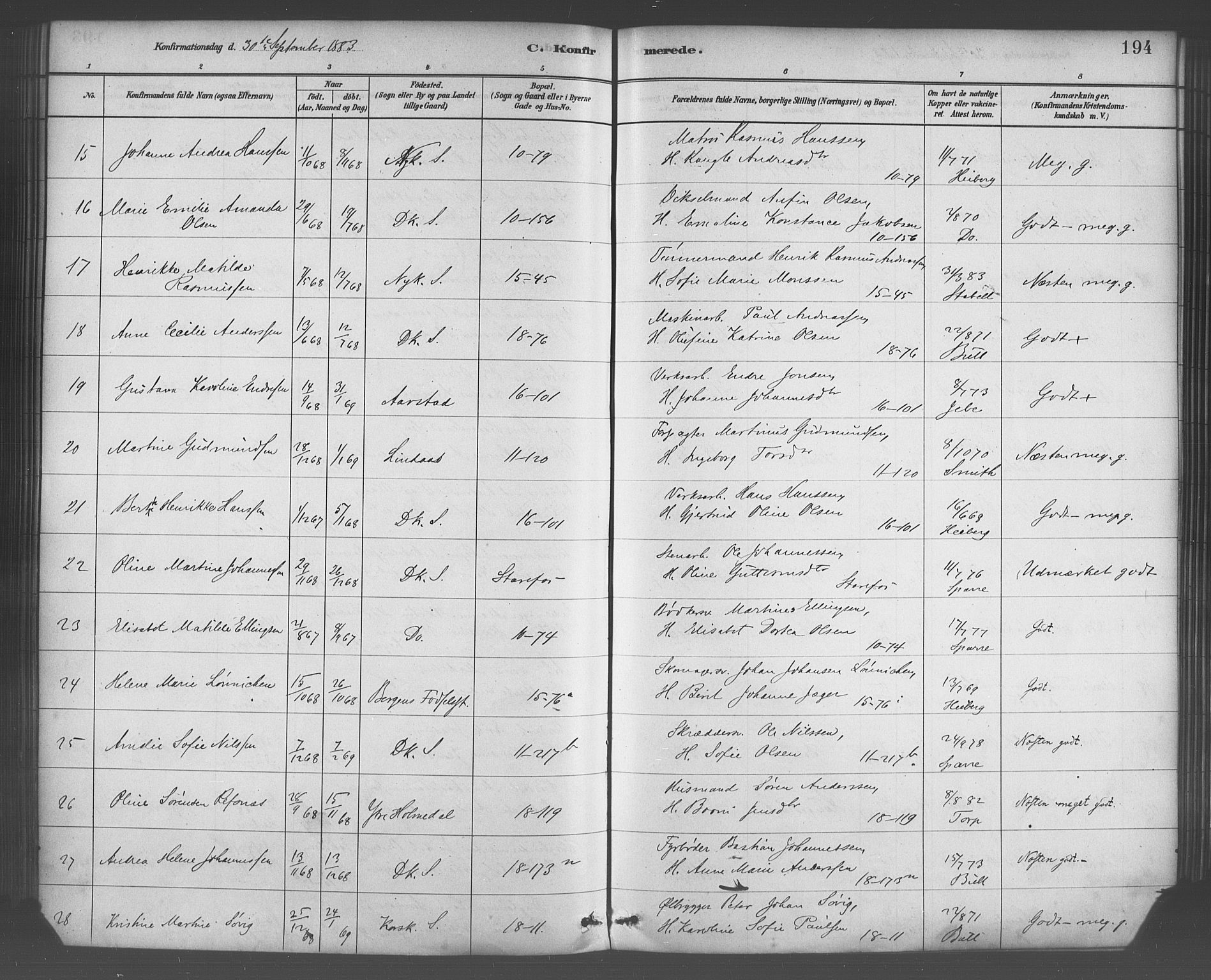 Domkirken sokneprestembete, AV/SAB-A-74801/H/Haa/L0030: Parish register (official) no. C 5, 1880-1898, p. 194