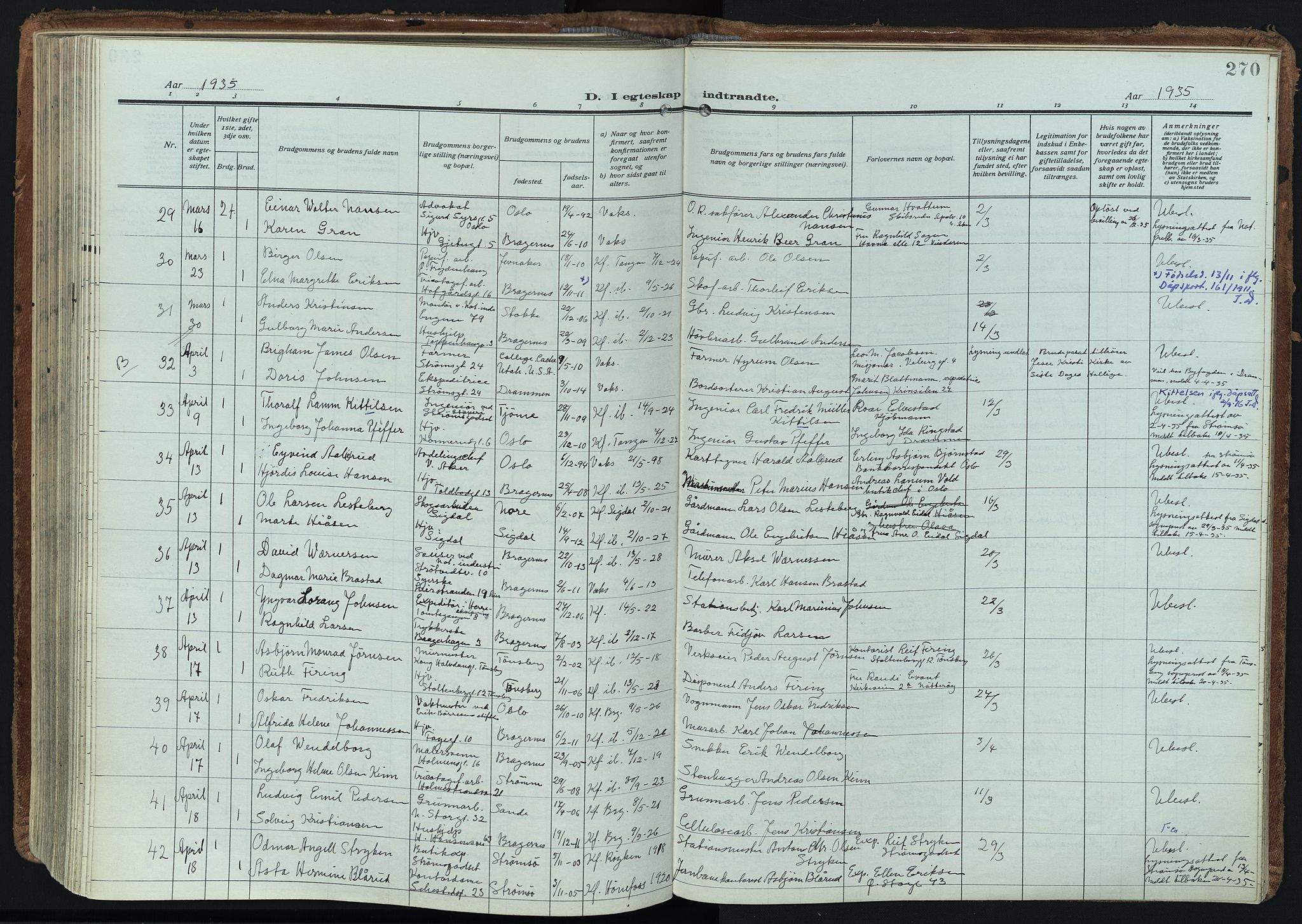 Bragernes kirkebøker, AV/SAKO-A-6/F/Fc/L0009: Parish register (official) no. III 9, 1921-1939, p. 270