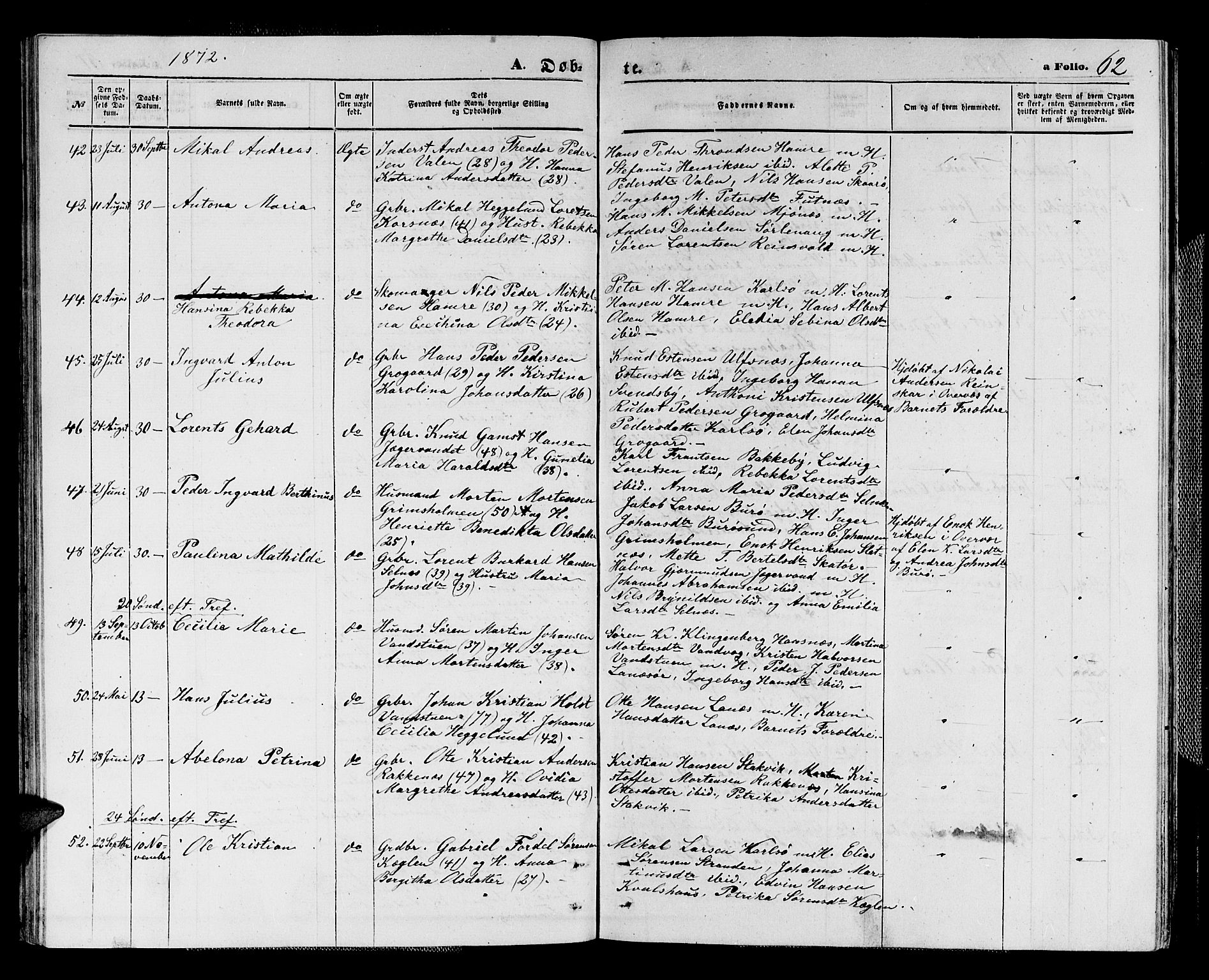 Karlsøy sokneprestembete, SATØ/S-1299/H/Ha/Hab/L0003klokker: Parish register (copy) no. 3, 1862-1877, p. 62