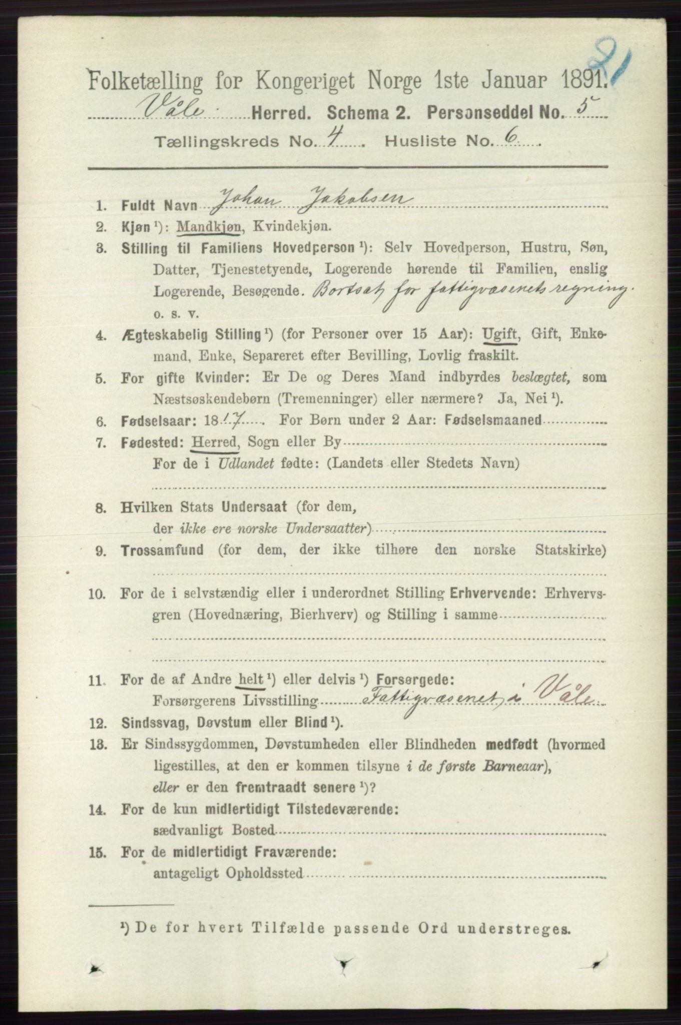 RA, 1891 census for 0716 Våle, 1891, p. 1016