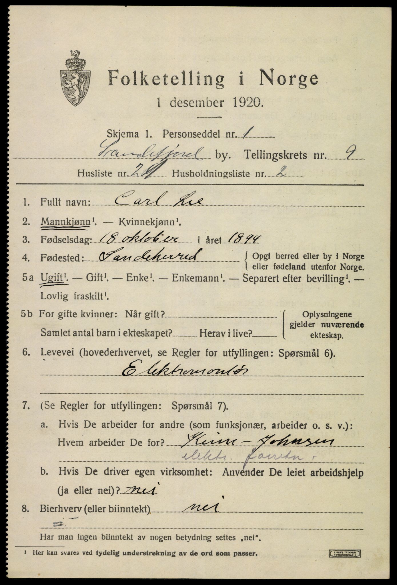 SAKO, 1920 census for Sandefjord, 1920, p. 13072