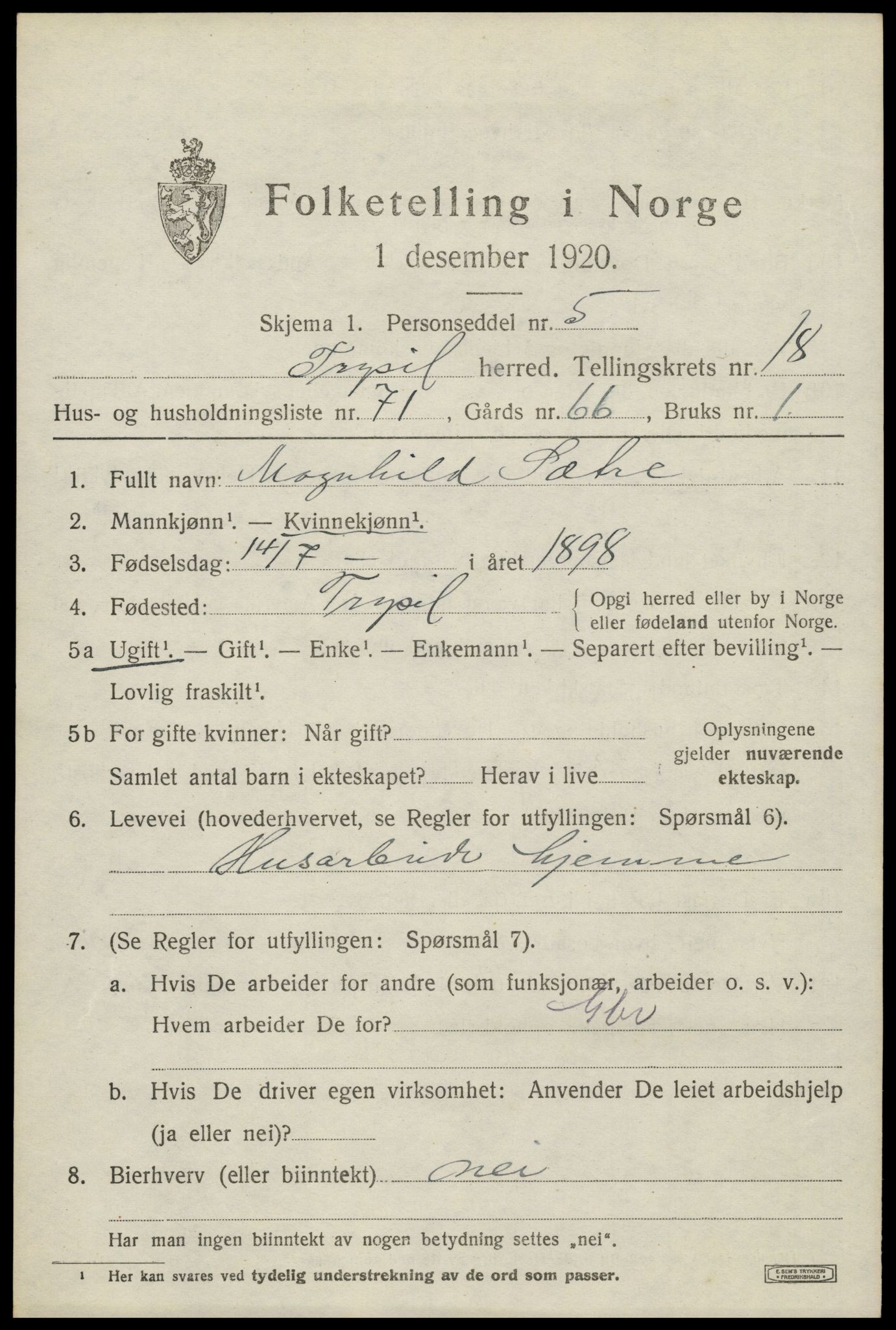 SAH, 1920 census for Trysil, 1920, p. 12625
