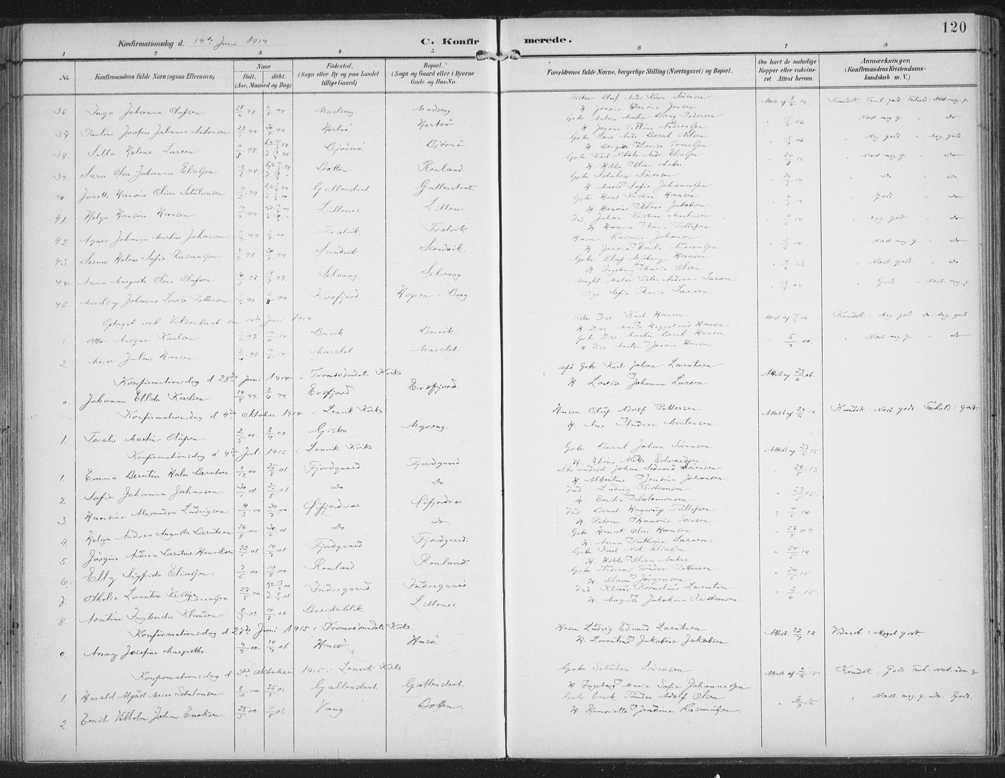 Lenvik sokneprestembete, AV/SATØ-S-1310/H/Ha/Haa/L0015kirke: Parish register (official) no. 15, 1896-1915, p. 120