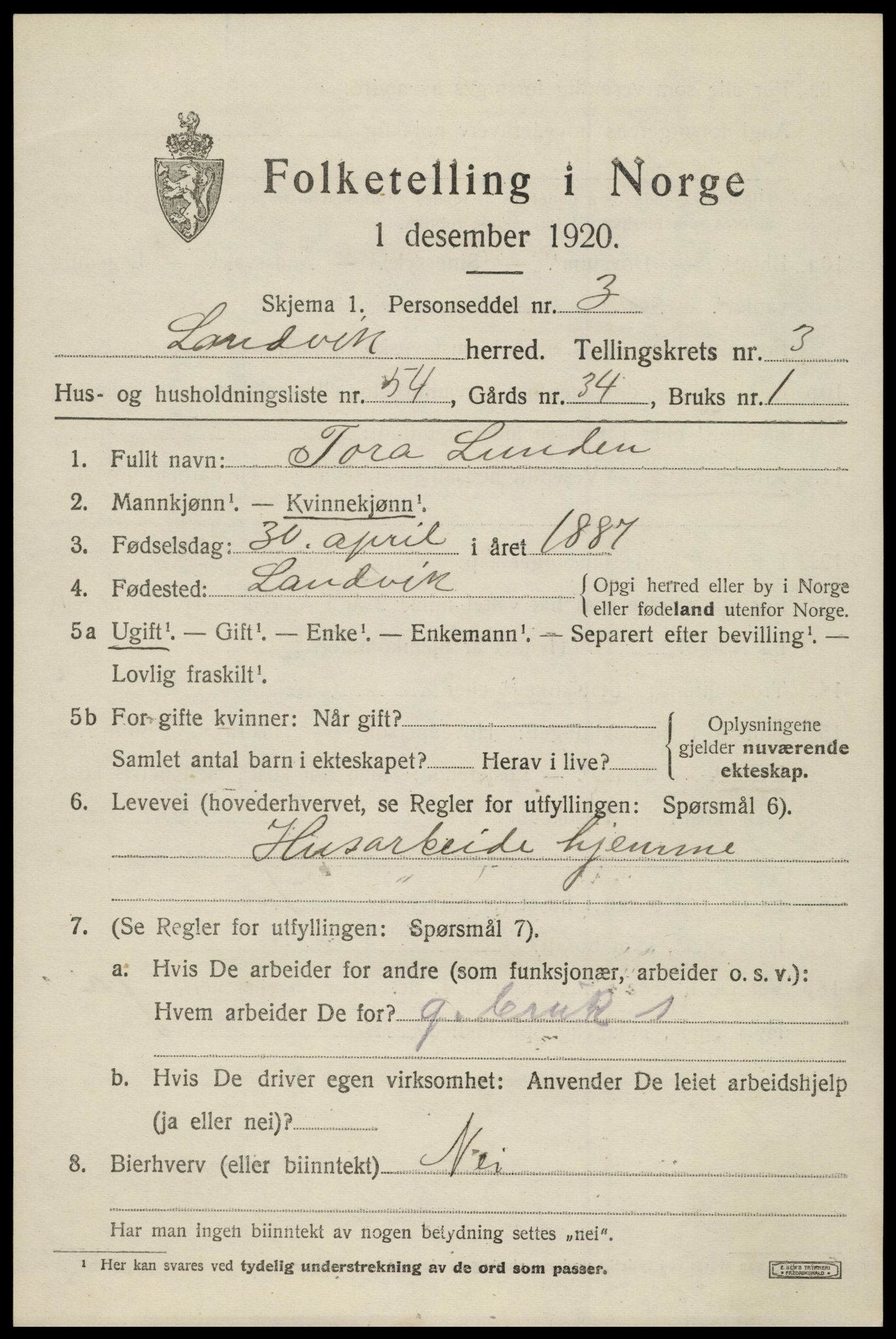 SAK, 1920 census for Landvik, 1920, p. 3412