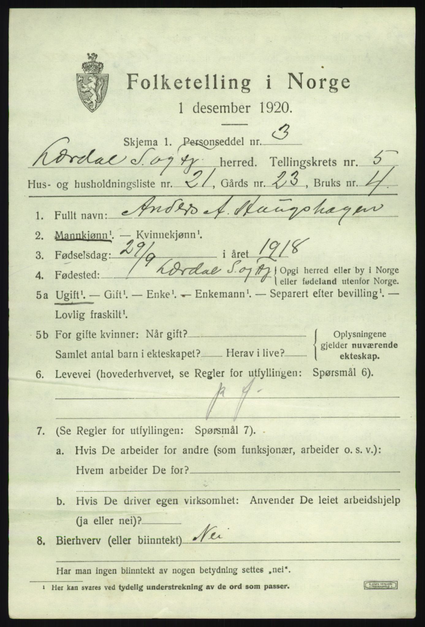 SAB, 1920 census for Lærdal, 1920, p. 2690