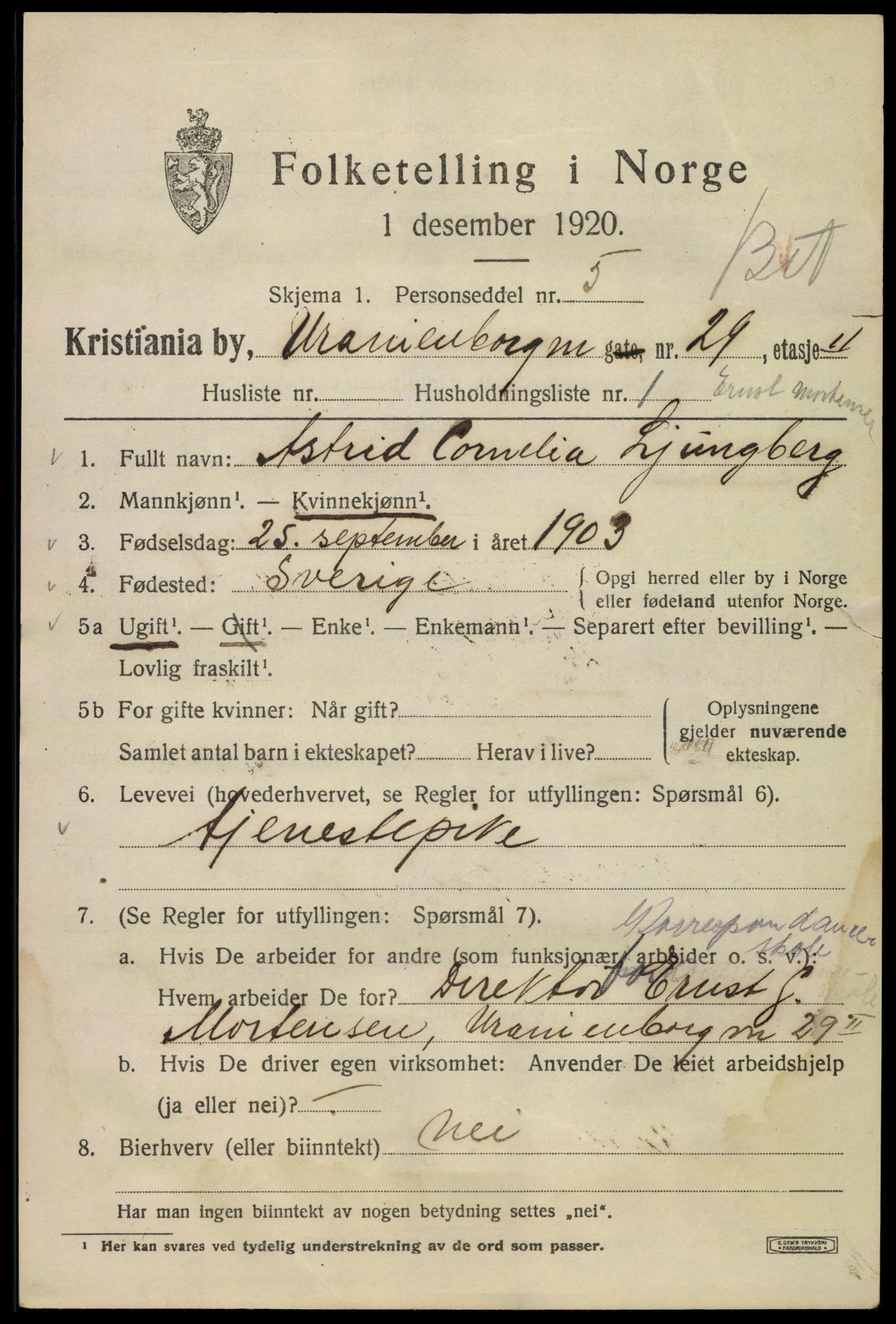 SAO, 1920 census for Kristiania, 1920, p. 620169