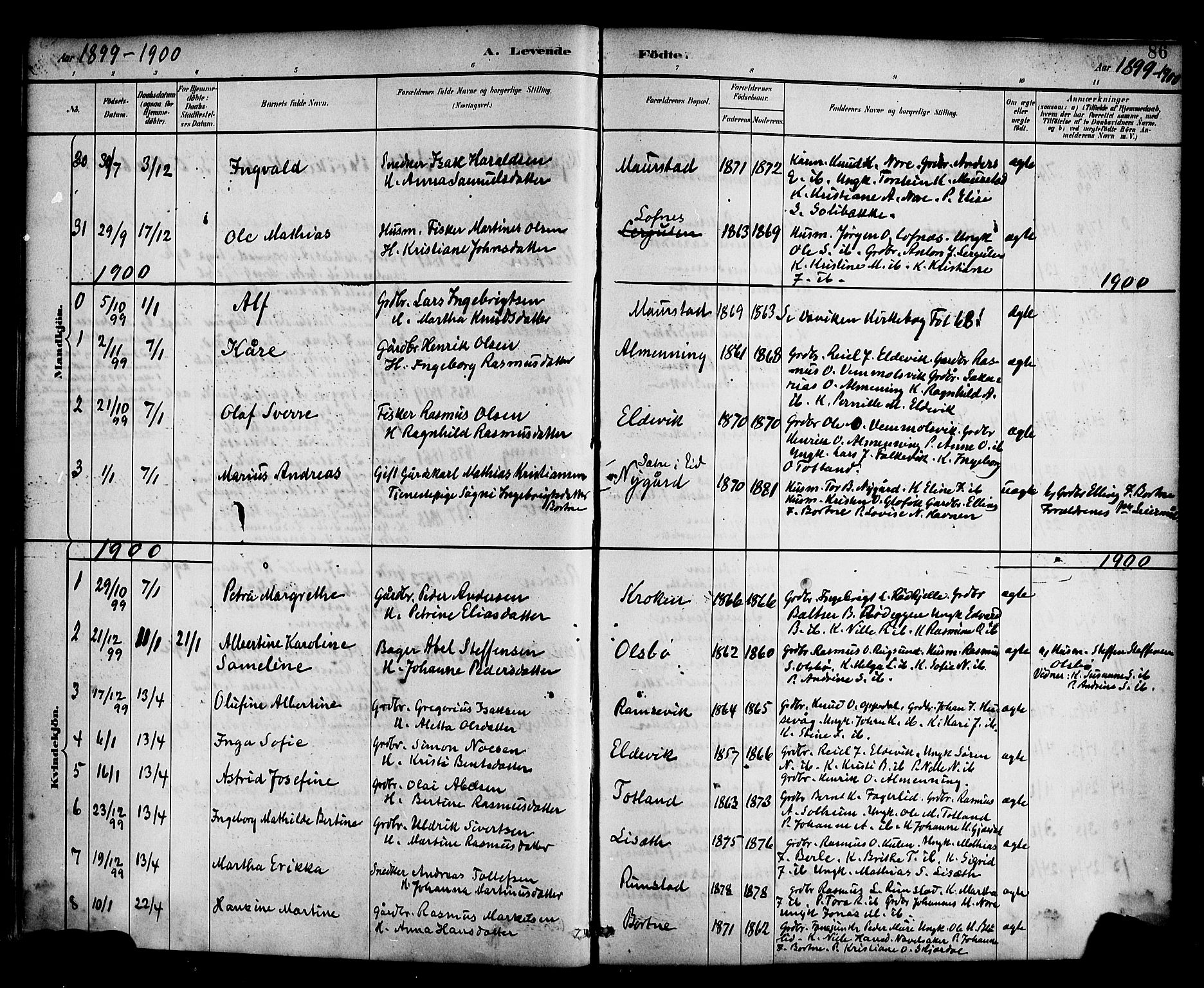 Davik sokneprestembete, AV/SAB-A-79701/H/Haa/Haad/L0001: Parish register (official) no. D 1, 1882-1900, p. 86