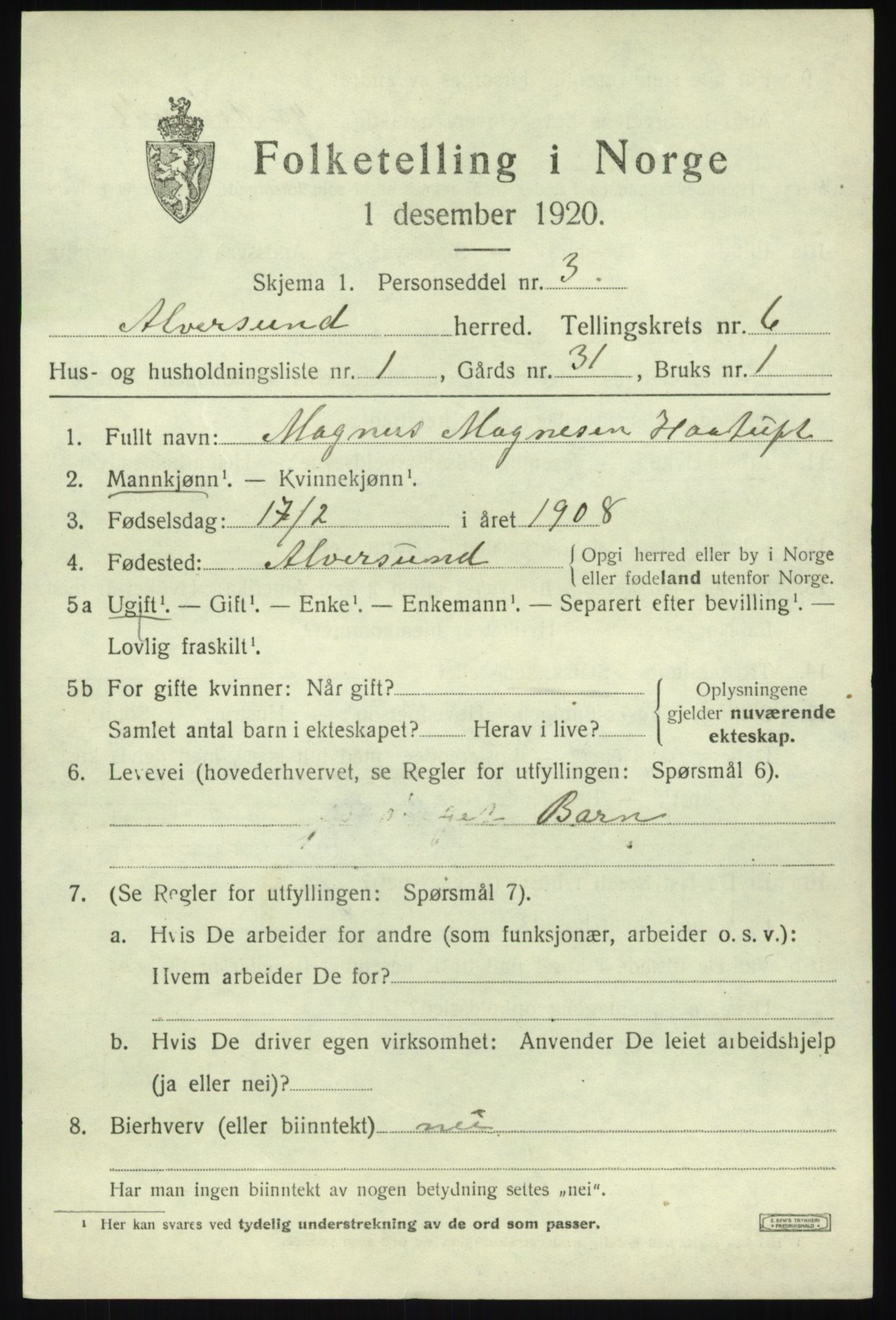 SAB, 1920 census for Alversund, 1920, p. 4460