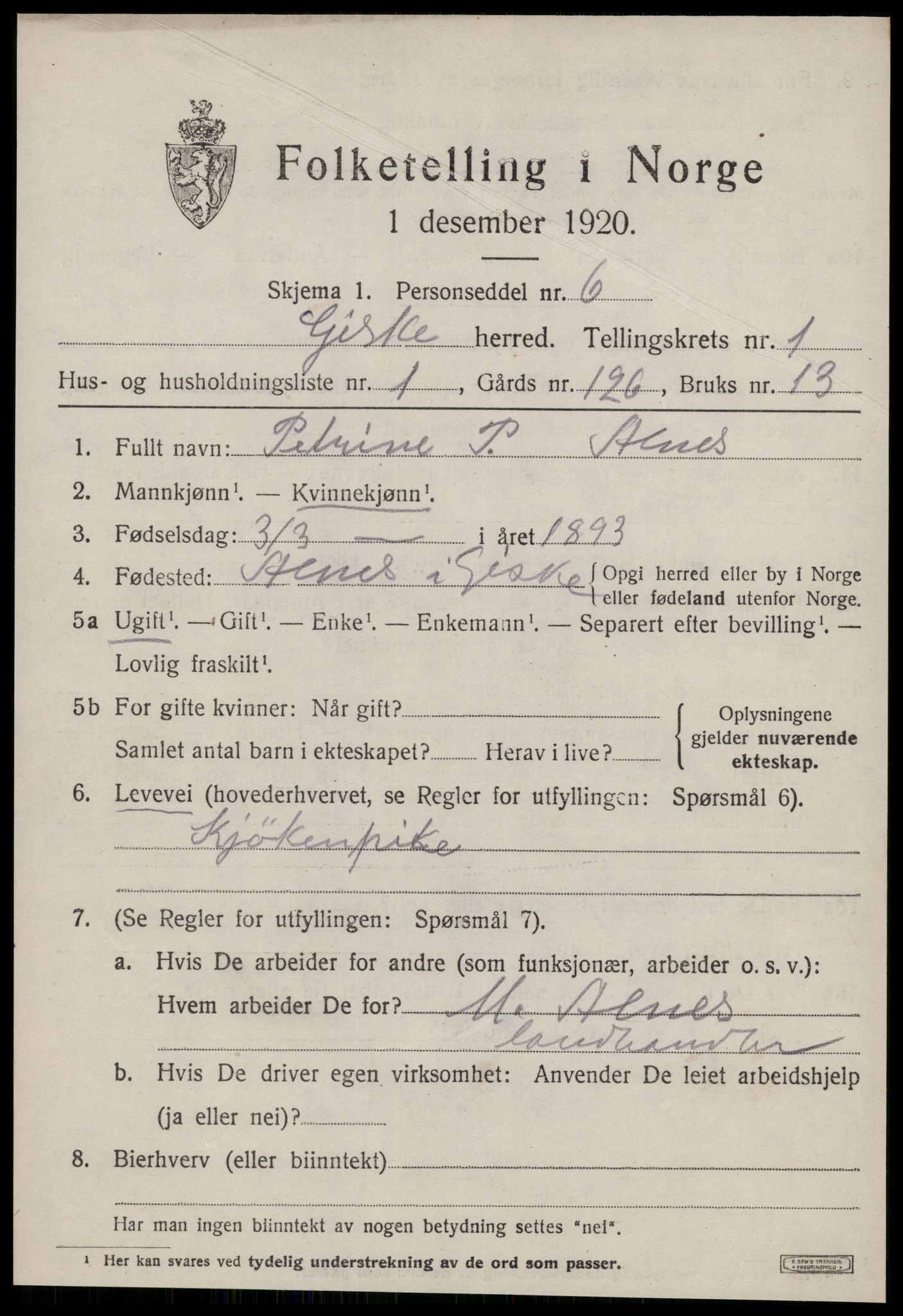 SAT, 1920 census for Giske, 1920, p. 524