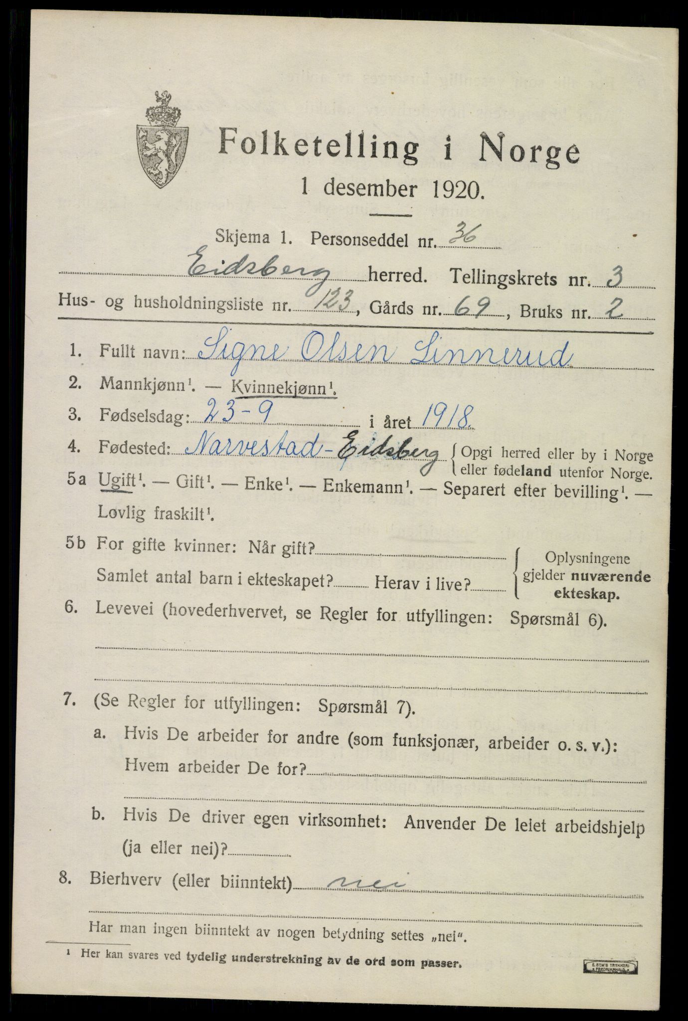 SAO, 1920 census for Eidsberg, 1920, p. 5723