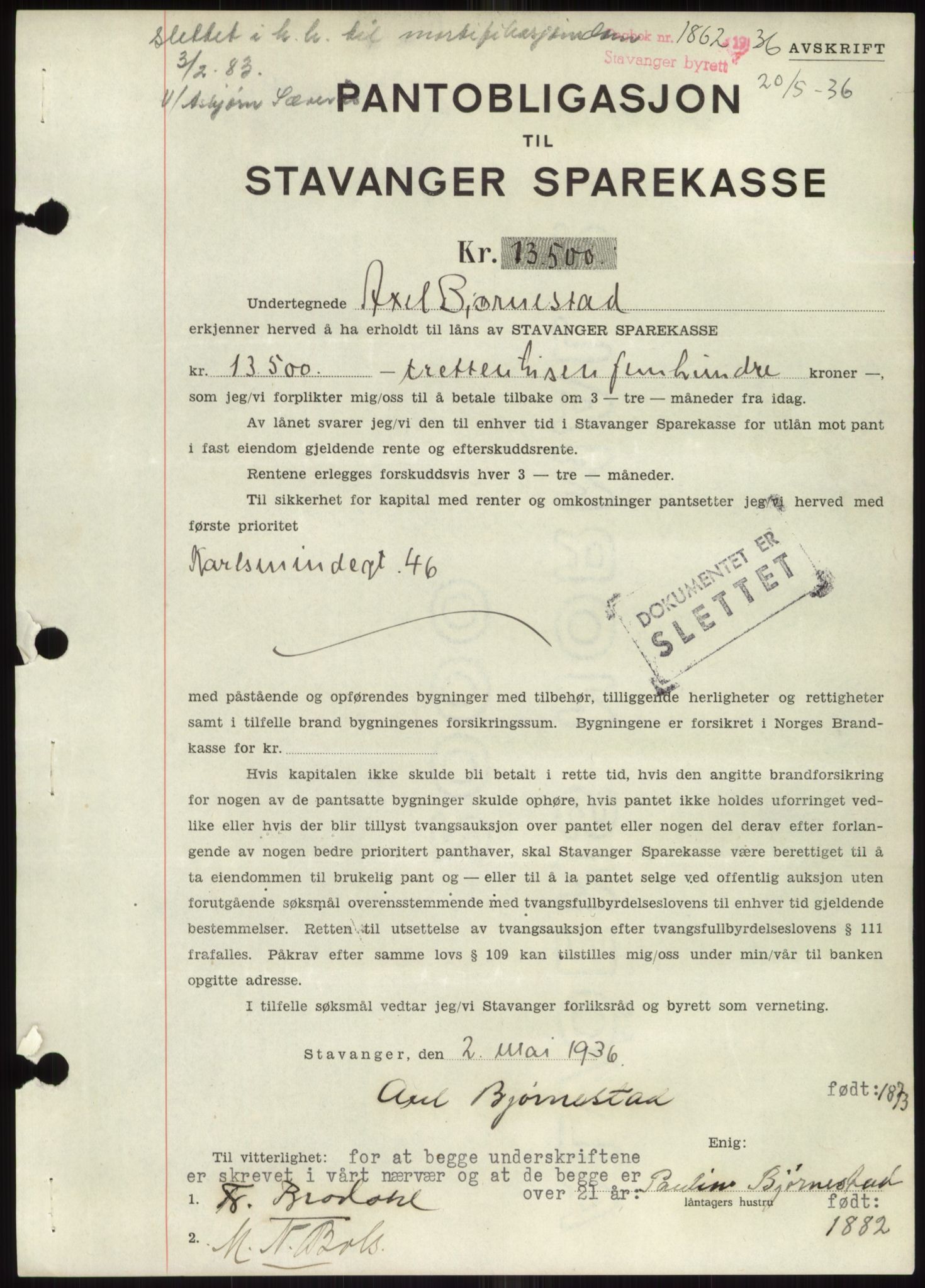 Stavanger byrett, SAST/A-100455/002/G/Gb/L0033: Mortgage book, 1936-1950, Diary no: : 1862/1936