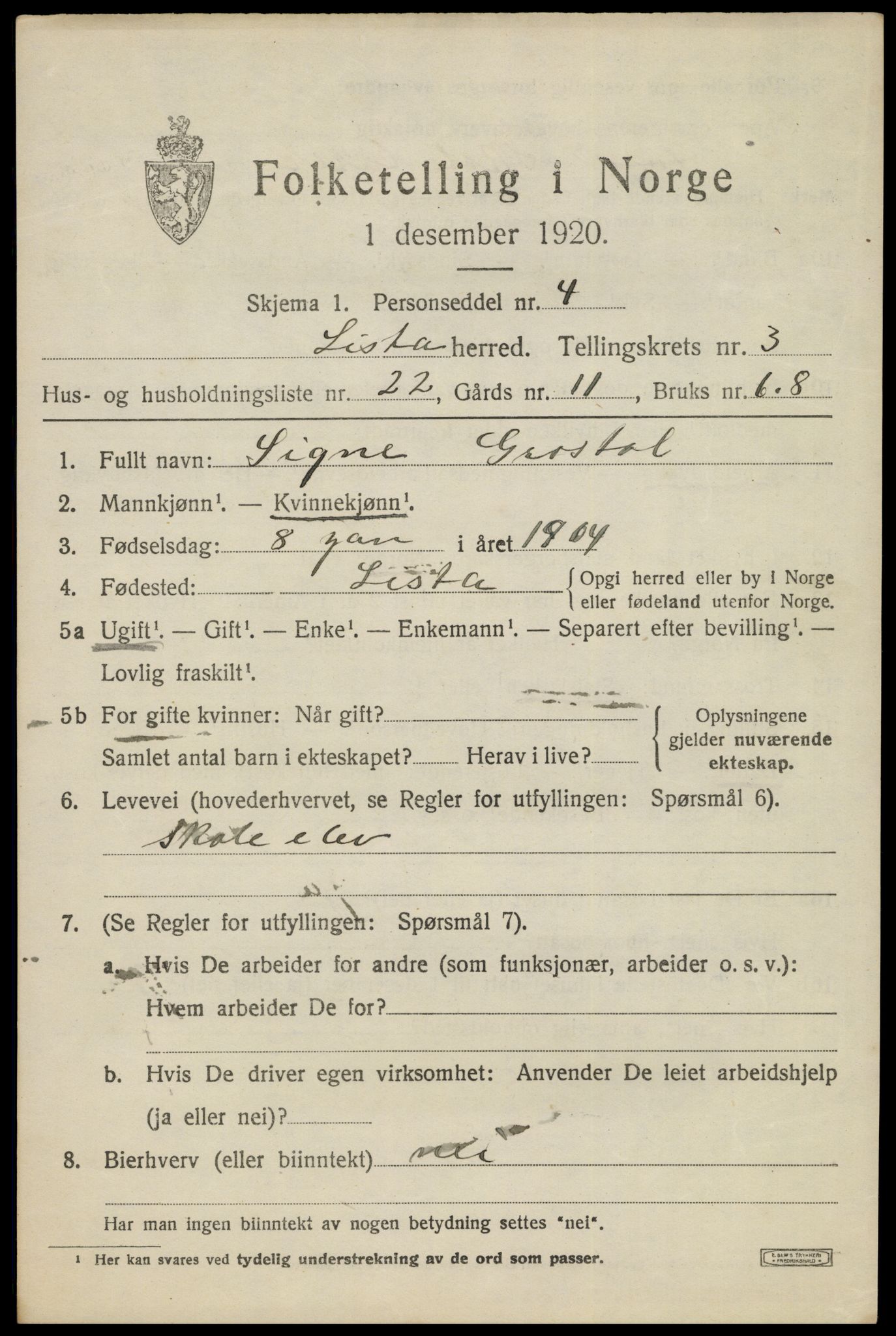 SAK, 1920 census for Lista, 1920, p. 4637