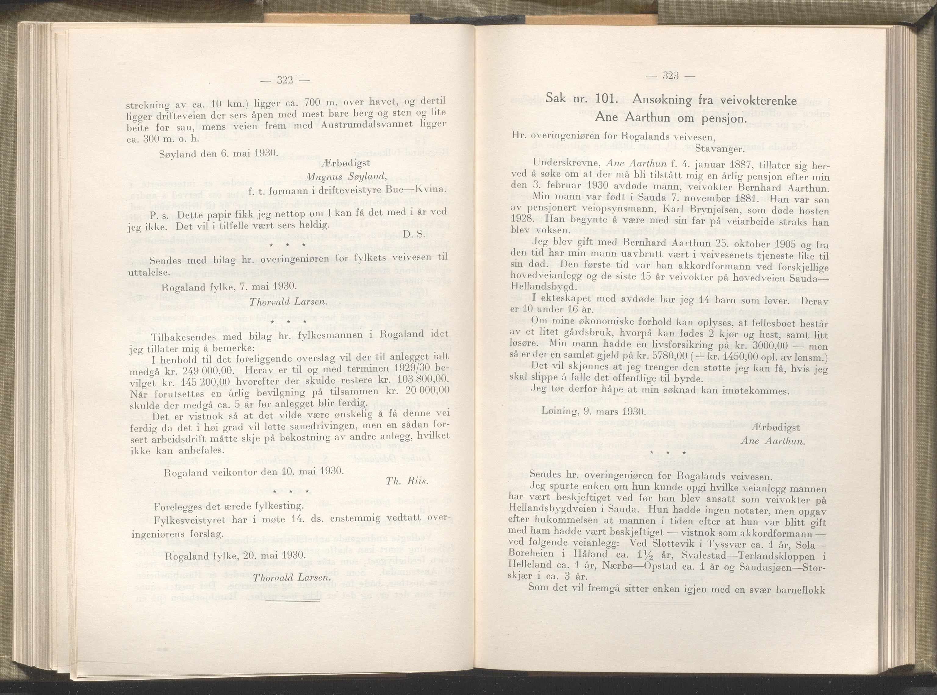 Rogaland fylkeskommune - Fylkesrådmannen , IKAR/A-900/A/Aa/Aaa/L0049: Møtebok , 1930, p. 322-323