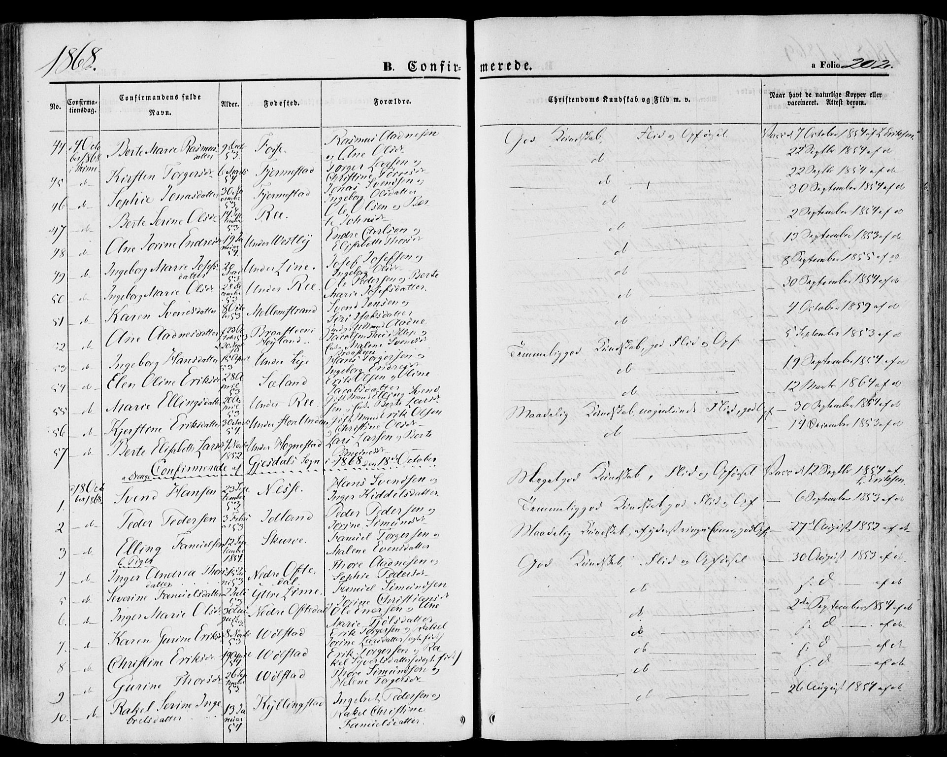 Lye sokneprestkontor, SAST/A-101794/001/30BA/L0007: Parish register (official) no. A 6, 1856-1871, p. 202