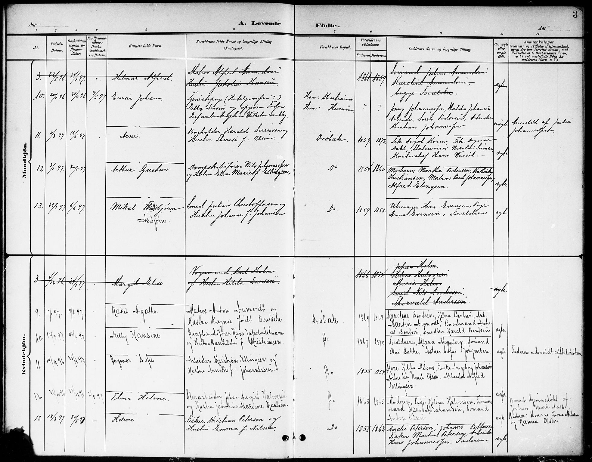 Drøbak prestekontor Kirkebøker, AV/SAO-A-10142a/G/Ga/L0001: Parish register (copy) no. I 1, 1897-1917, p. 3