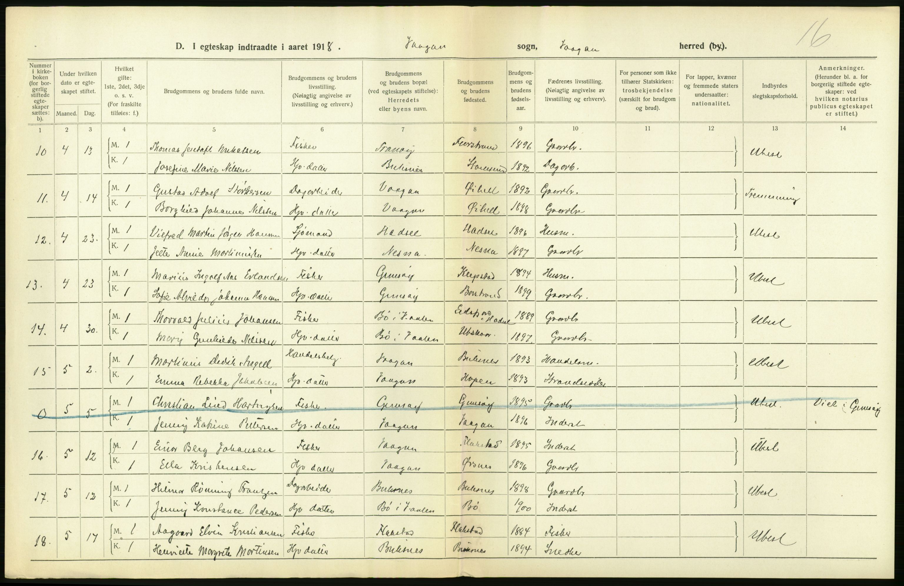 Statistisk sentralbyrå, Sosiodemografiske emner, Befolkning, AV/RA-S-2228/D/Df/Dfb/Dfbh/L0054: Nordland fylke: Gifte, dødfødte. Bygder og byer., 1918, p. 220