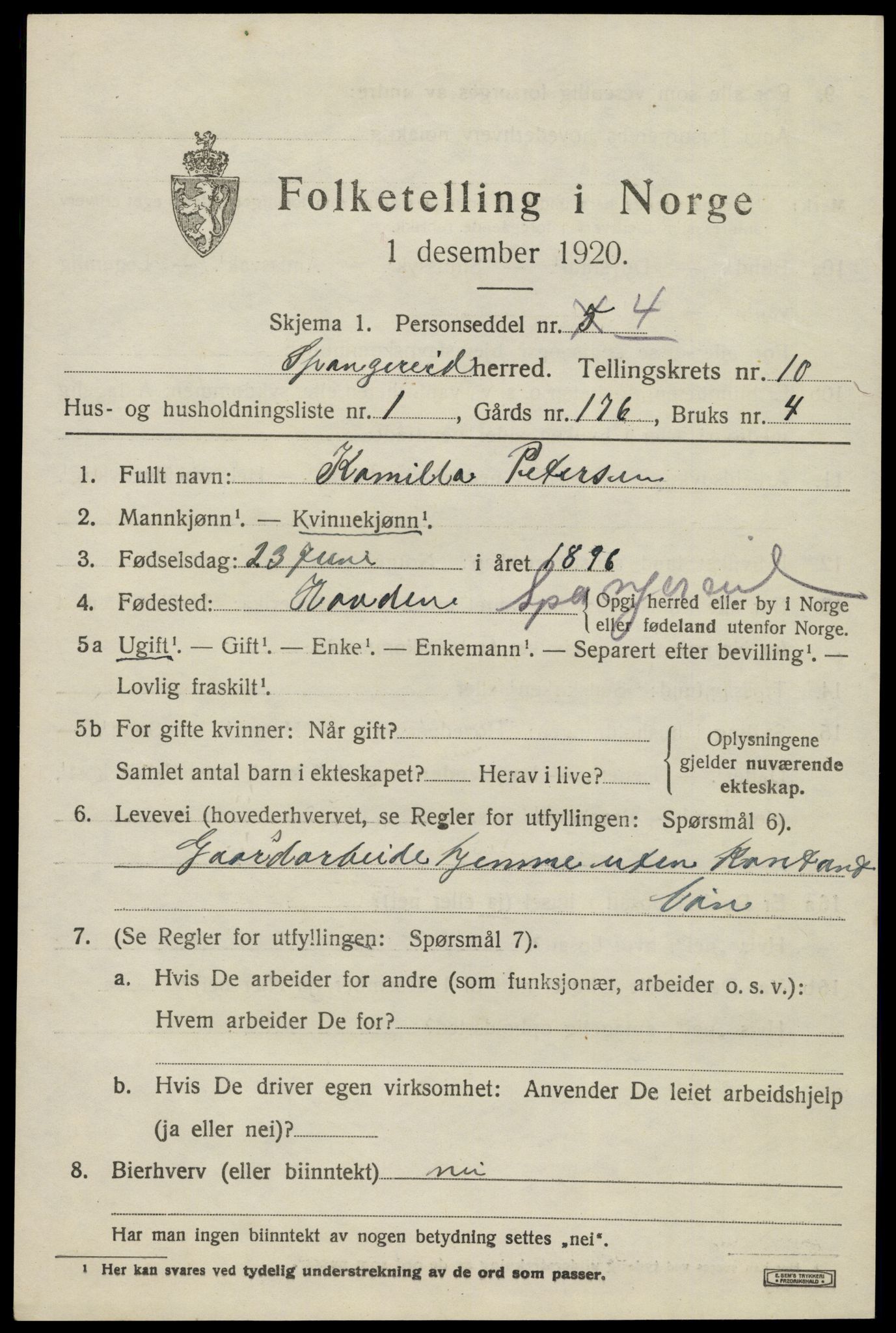 SAK, 1920 census for Spangereid, 1920, p. 3497