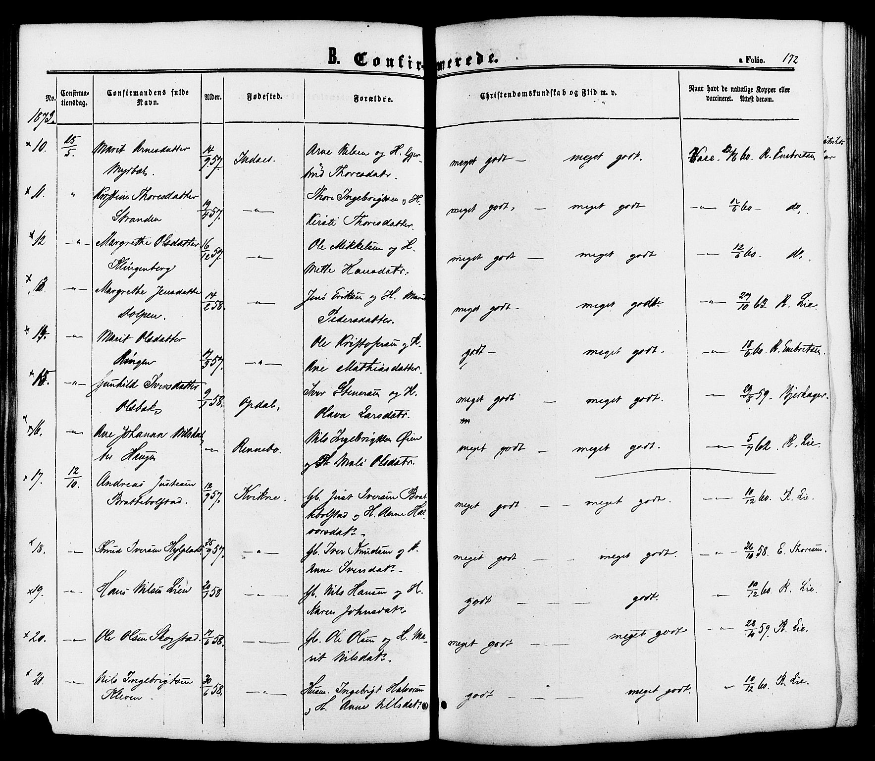 Kvikne prestekontor, AV/SAH-PREST-064/H/Ha/Haa/L0006: Parish register (official) no. 6, 1863-1886, p. 172