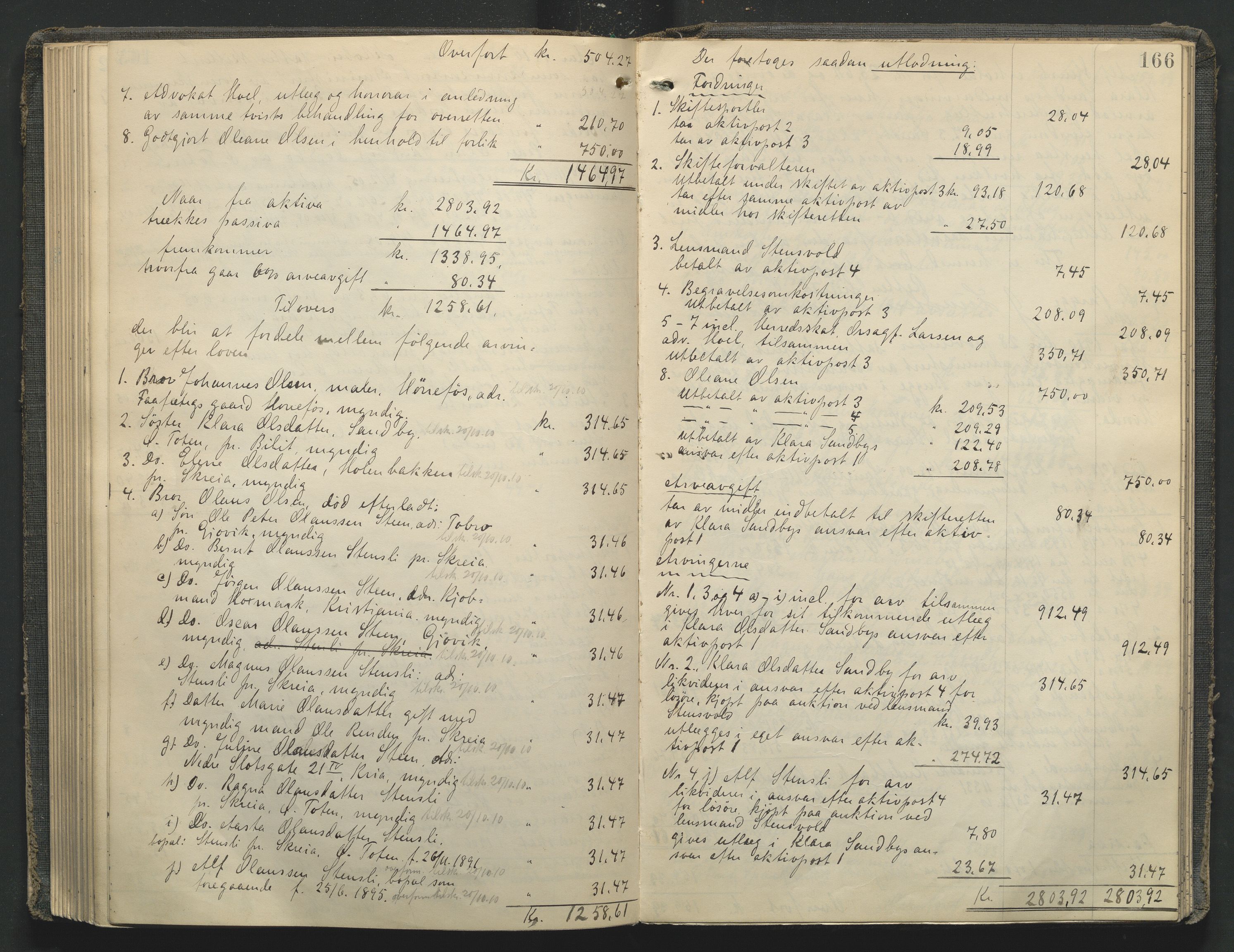 Toten tingrett, AV/SAH-TING-006/J/Je/L0009: Skifteutlodningsprotokoll - Østre Toten, 1900-1914, p. 166