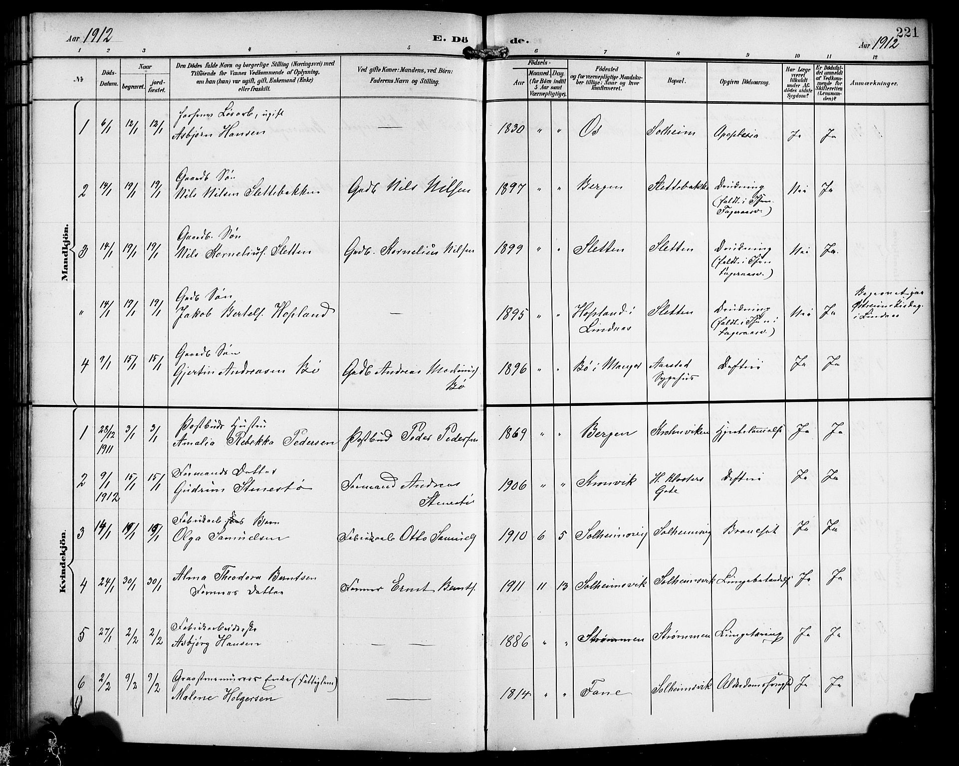 Årstad Sokneprestembete, SAB/A-79301/H/Hab/L0018: Parish register (copy) no. C 1, 1902-1919, p. 221