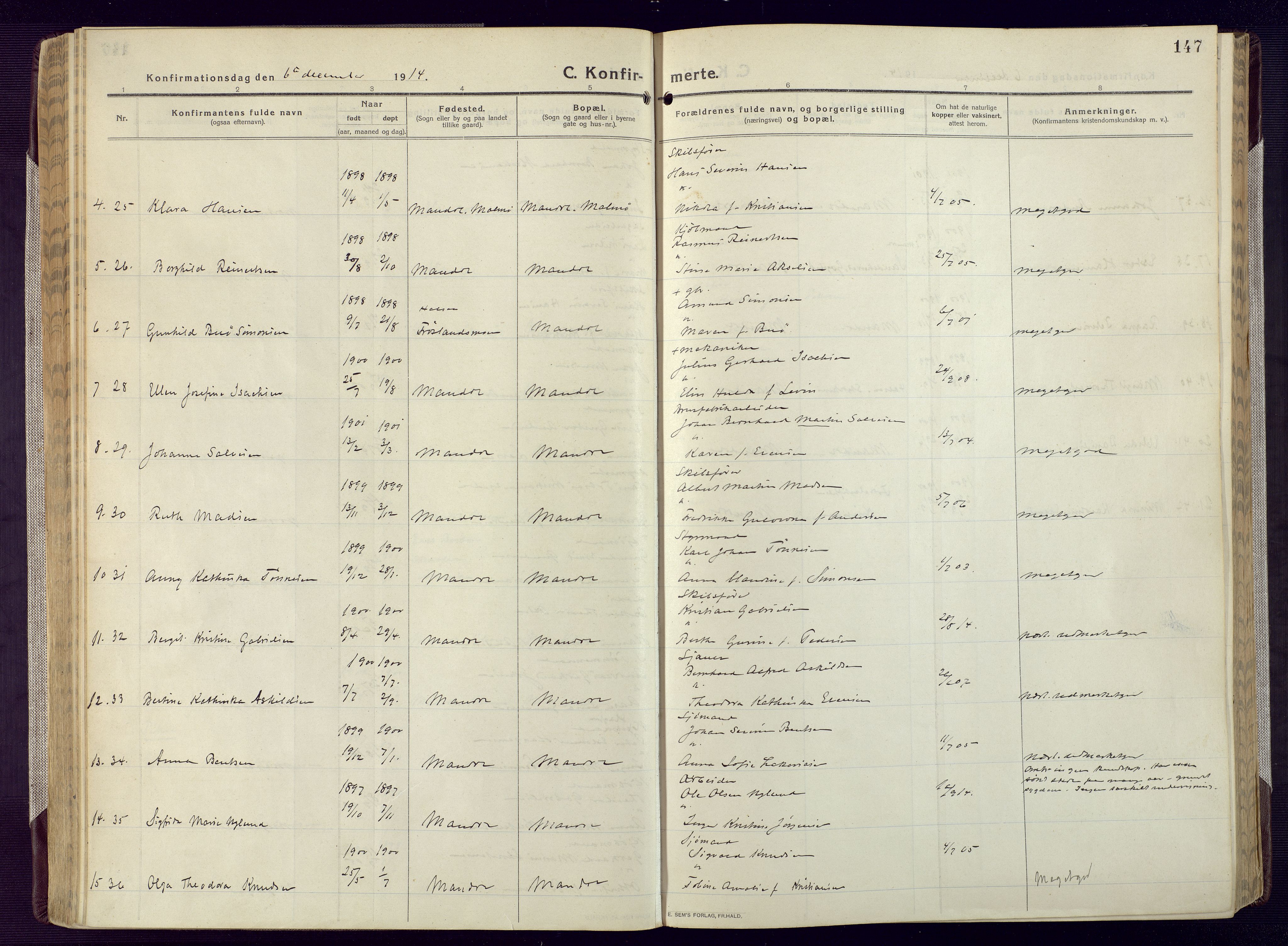 Mandal sokneprestkontor, AV/SAK-1111-0030/F/Fa/Fac/L0001: Parish register (official) no. A 1, 1913-1925, p. 147