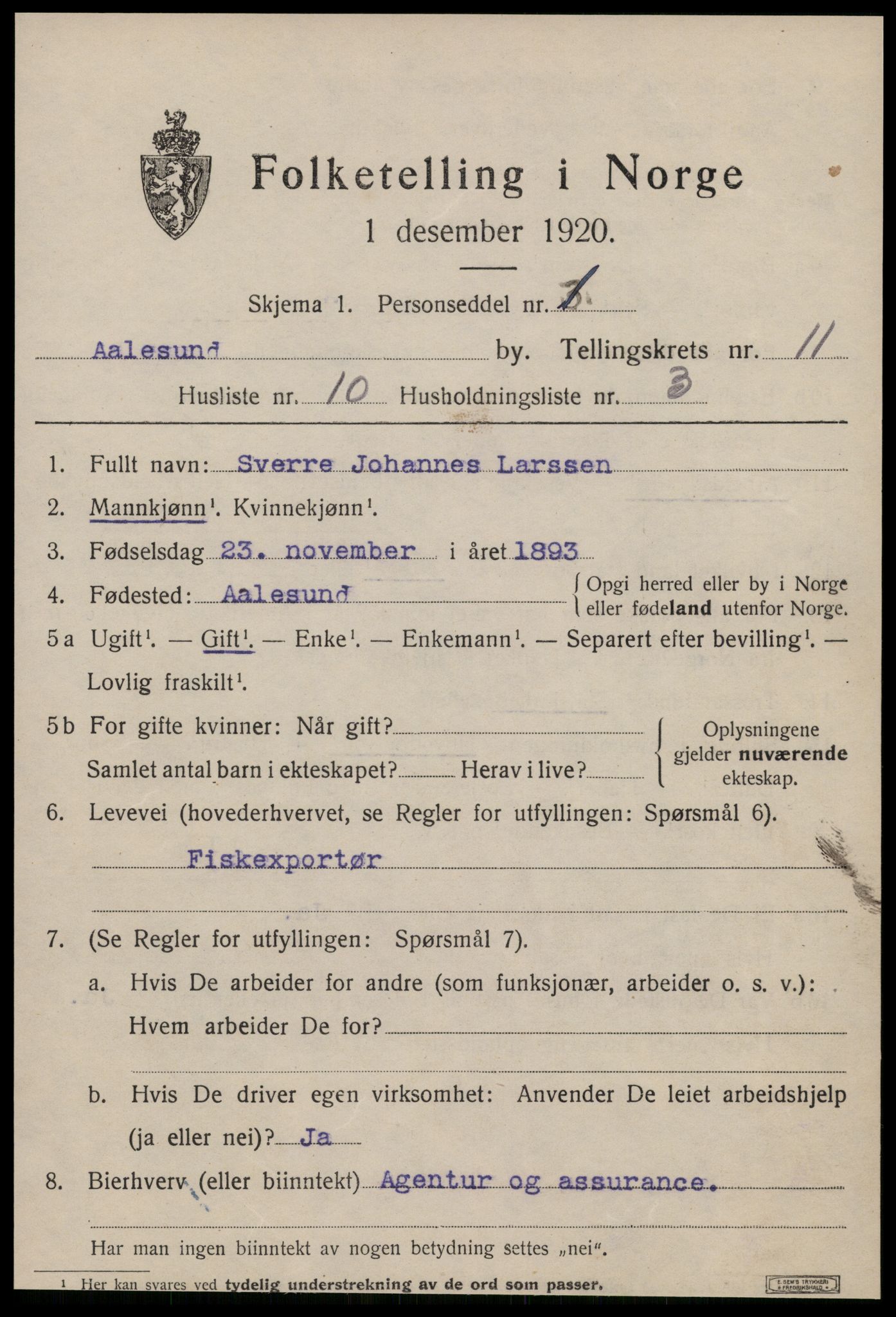 SAT, 1920 census for Ålesund, 1920, p. 24916