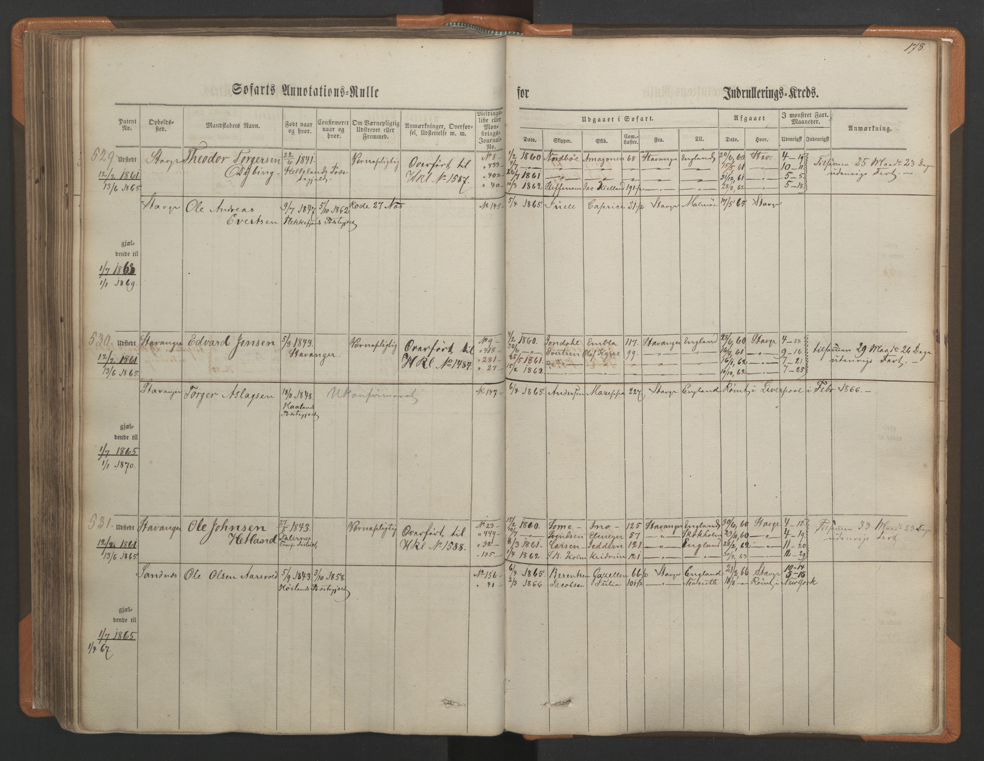 Stavanger sjømannskontor, AV/SAST-A-102006/F/Ff/L0001: Annotasjonsrulle, patentnr. 1-597 (del 1), 1860-1864, p. 188