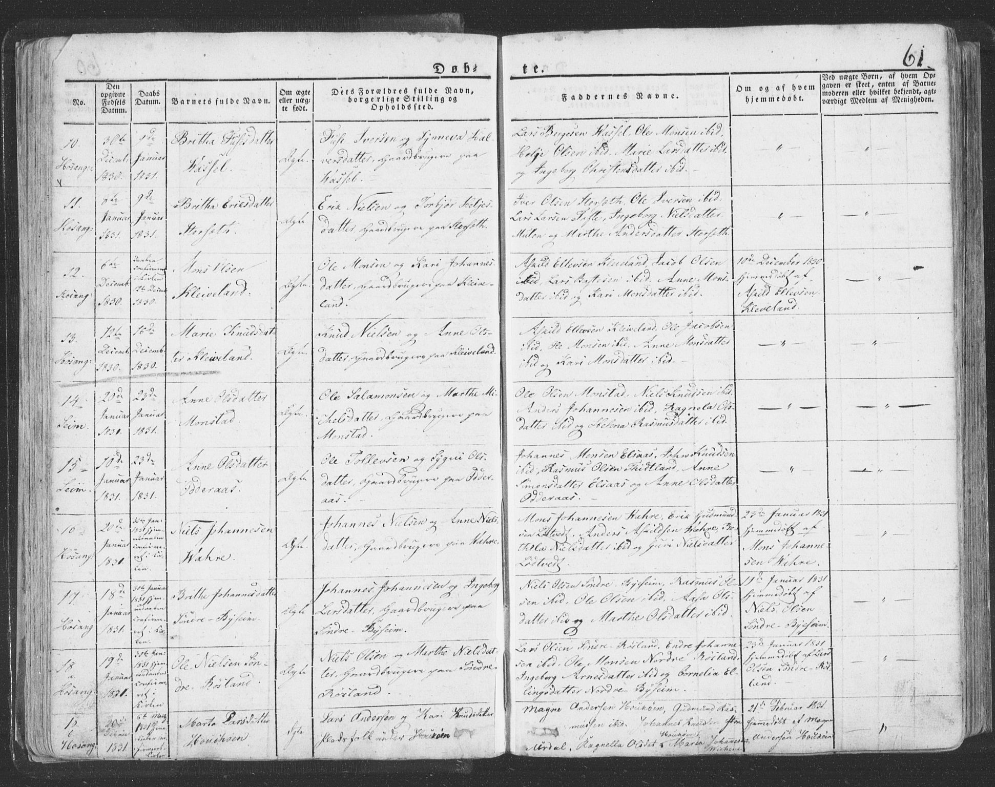 Hosanger sokneprestembete, AV/SAB-A-75801/H/Haa: Parish register (official) no. A 6, 1824-1835, p. 61