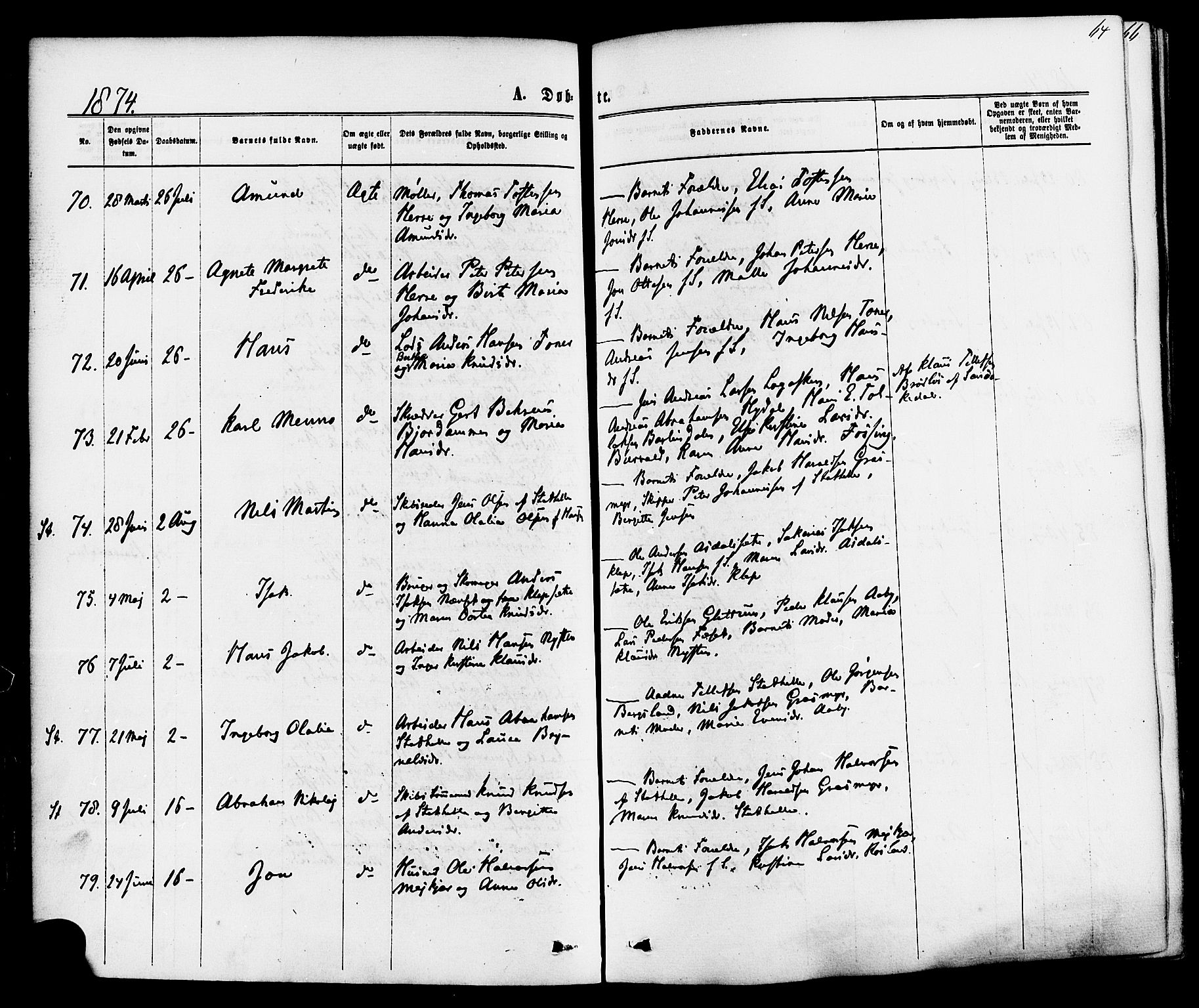 Bamble kirkebøker, AV/SAKO-A-253/F/Fa/L0006: Parish register (official) no. I 6, 1869-1877, p. 64