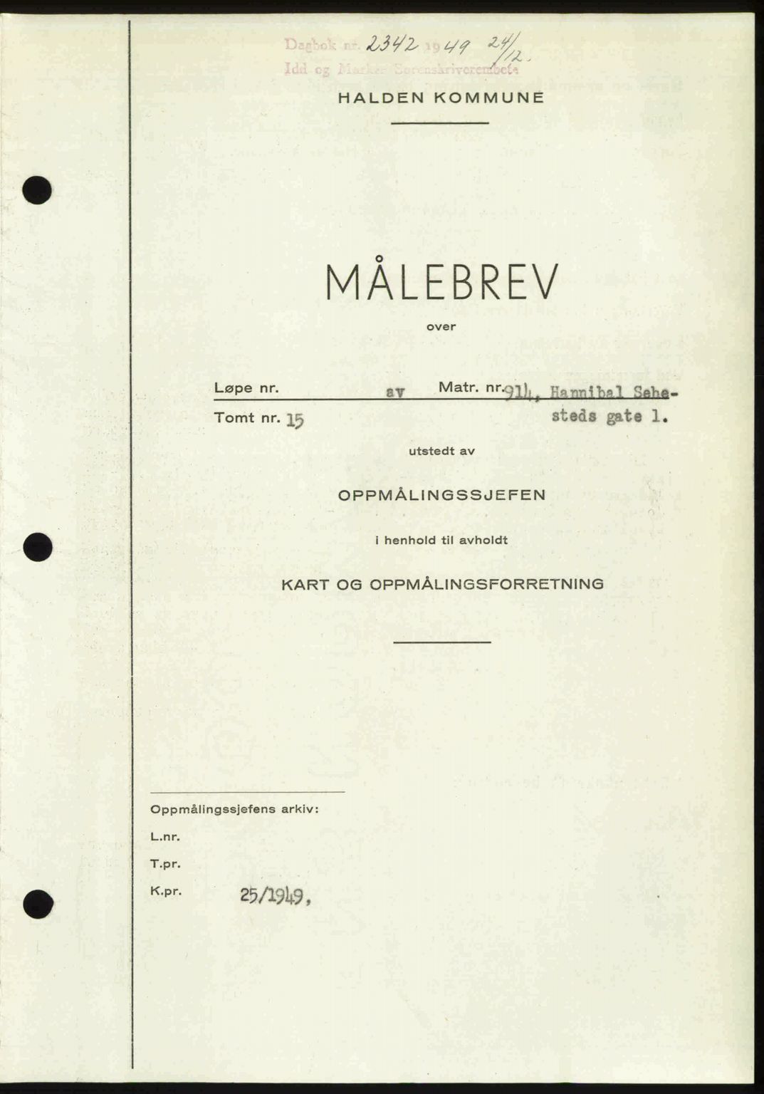 Idd og Marker sorenskriveri, AV/SAO-A-10283/G/Gb/Gbb/L0013: Mortgage book no. A13, 1949-1950, Diary no: : 2342/1949